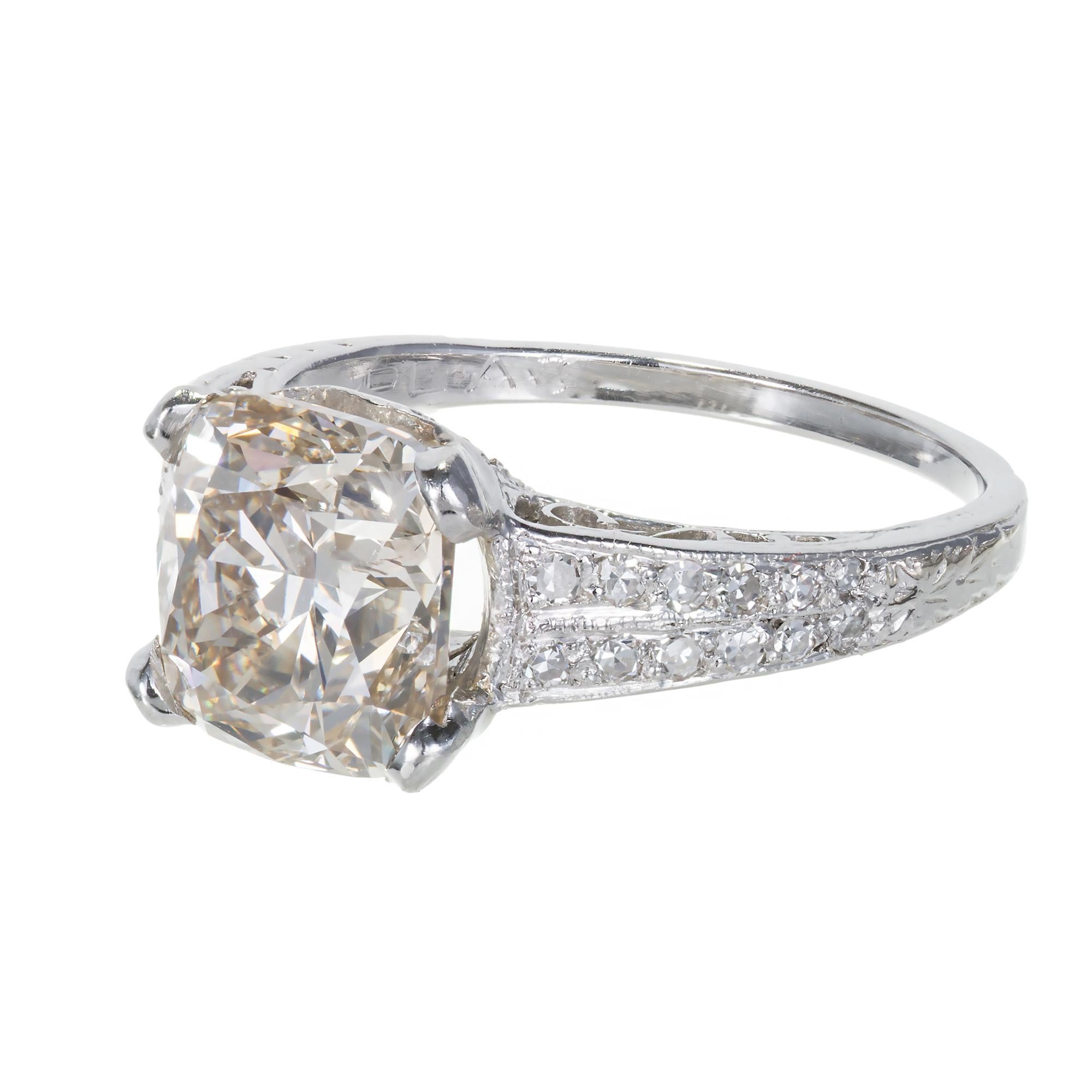 Art Deco diamond engagement ring. Natural light brown color with a unique pink overtone. Handmade original ring with side diamonds. GIA certificate #5131076311. 3.01ct antique cushion cut diamond. 20 single cut diamonds 0.25ct total. G, VS all pave
