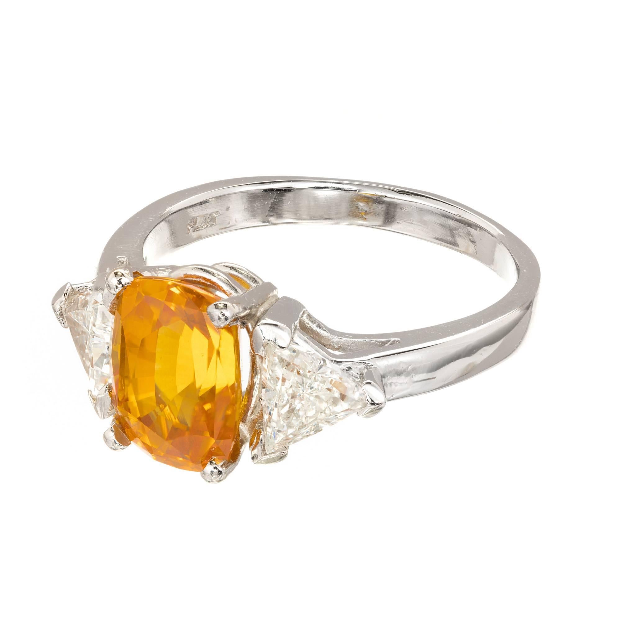GIA Certified 2.89 Carat Orange Yellow Sapphire Diamond Platinum Engagement Ring For Sale 3