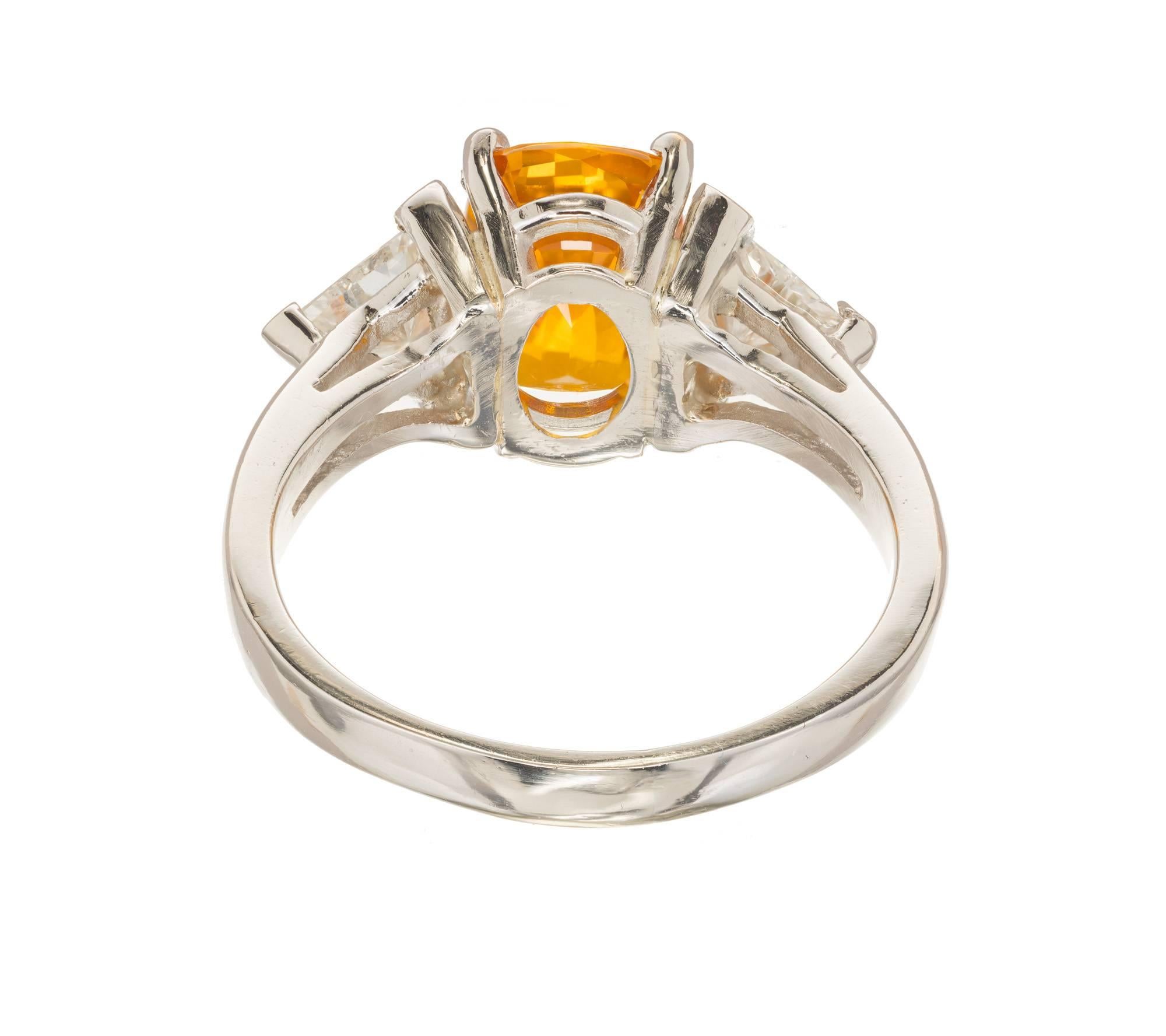 GIA Certified 2.89 Carat Orange Yellow Sapphire Diamond Platinum Engagement Ring For Sale 1