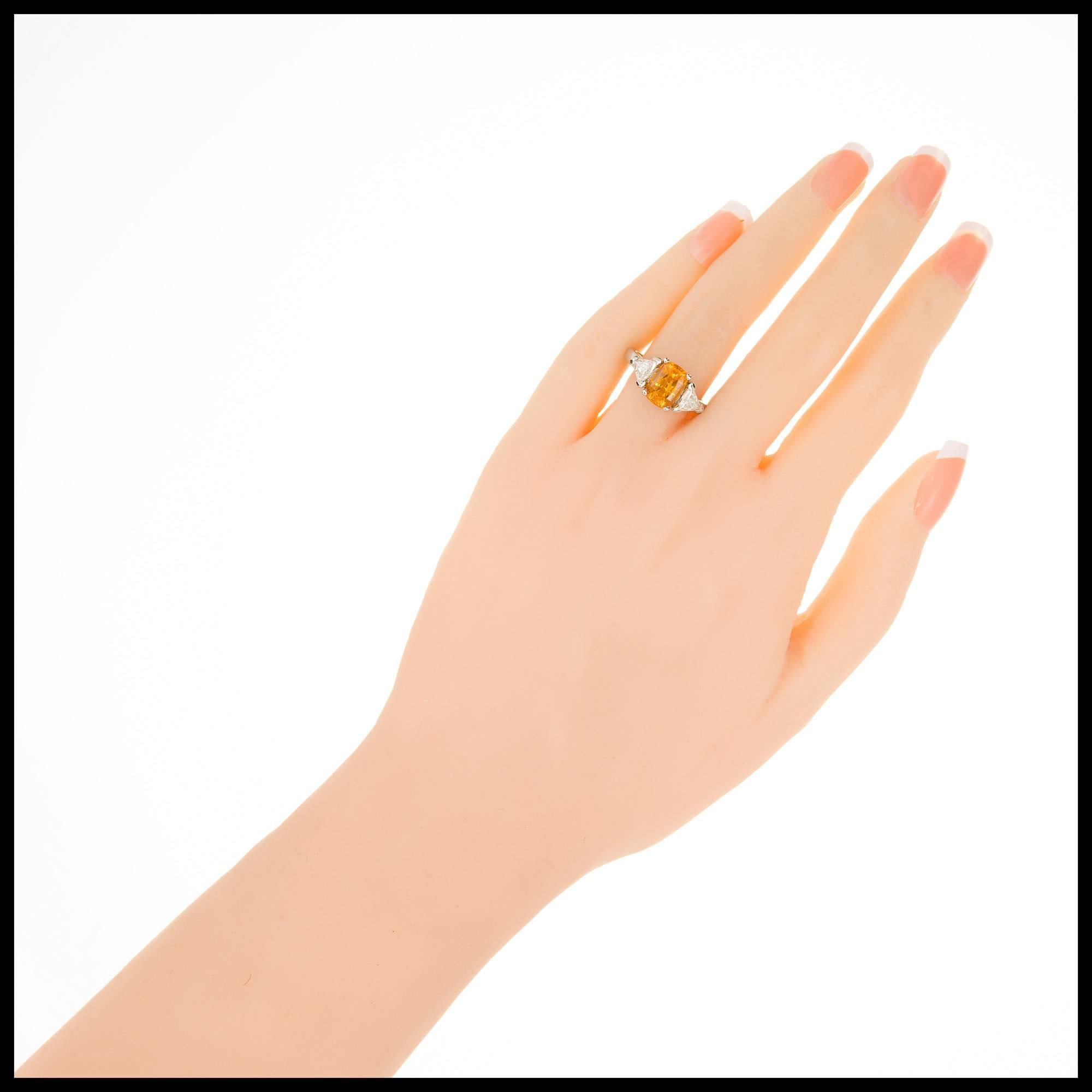 Cushion Cut GIA Certified 2.89 Carat Orange Yellow Sapphire Diamond Platinum Engagement Ring For Sale