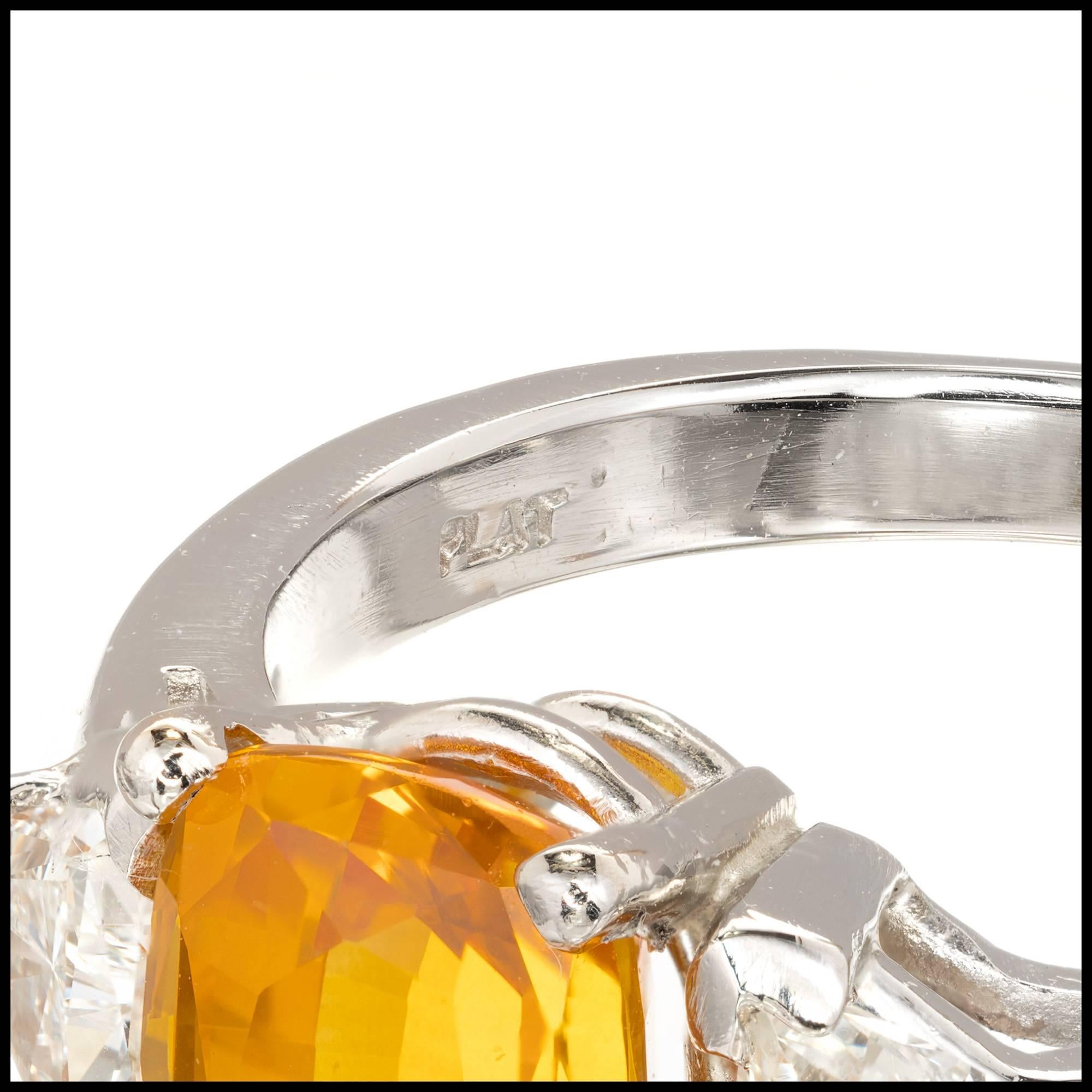 Women's GIA Certified 2.89 Carat Orange Yellow Sapphire Diamond Platinum Engagement Ring For Sale