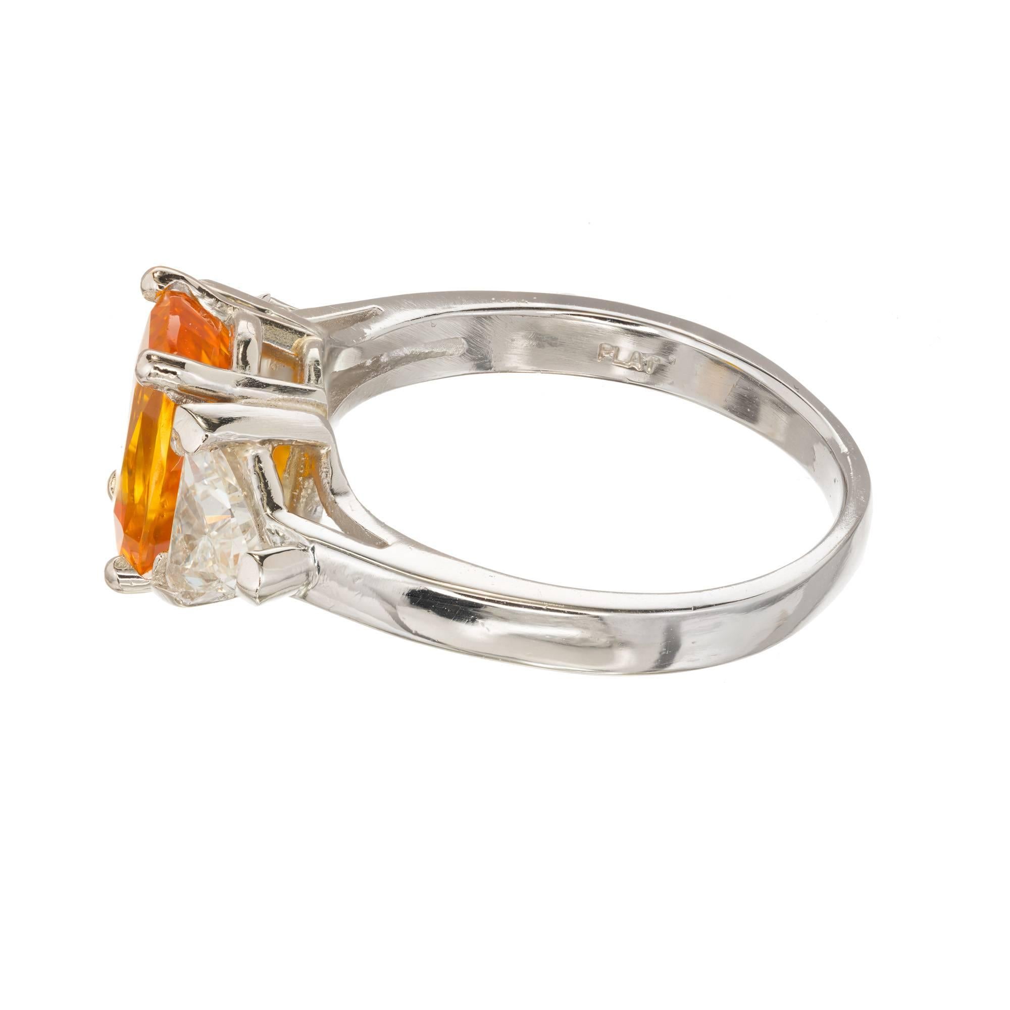 GIA Certified 2.89 Carat Orange Yellow Sapphire Diamond Platinum Engagement Ring For Sale 2
