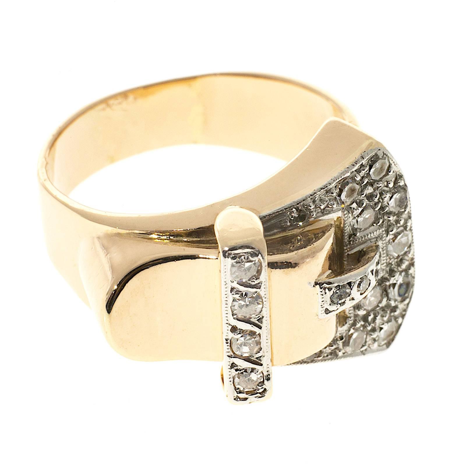 Women's Art Deco Diamond Two Color Gold Buckle Ring