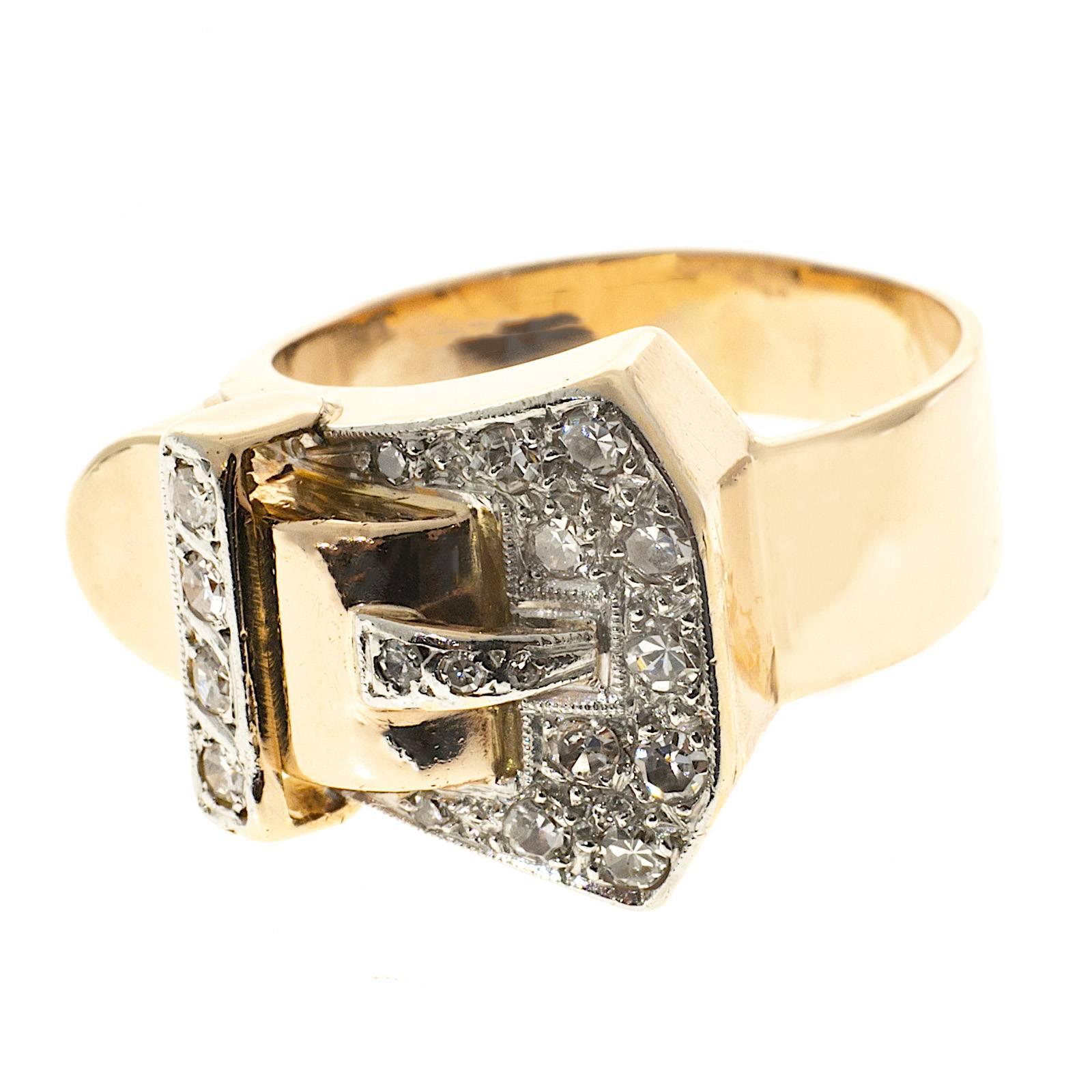 Art Deco Diamond Two Color Gold Buckle Ring In Good Condition In Stamford, CT