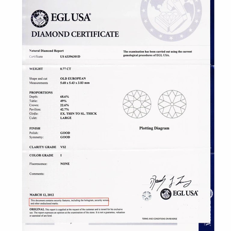 Old European Cut Peter Suchy EGL Certified .77 Carat Diamond Sapphire Platinum Engagement Ring For Sale