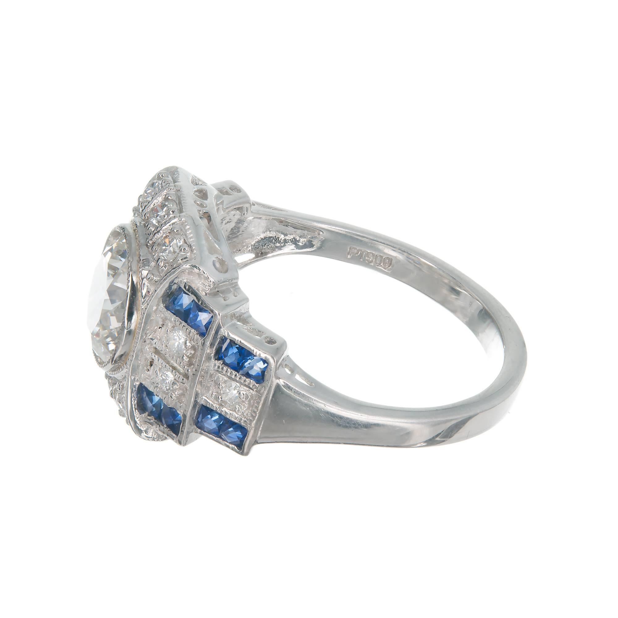 GIA Certified 2.12 Carat Diamond Sapphire Platinum Art Deco Engagement Ring 2