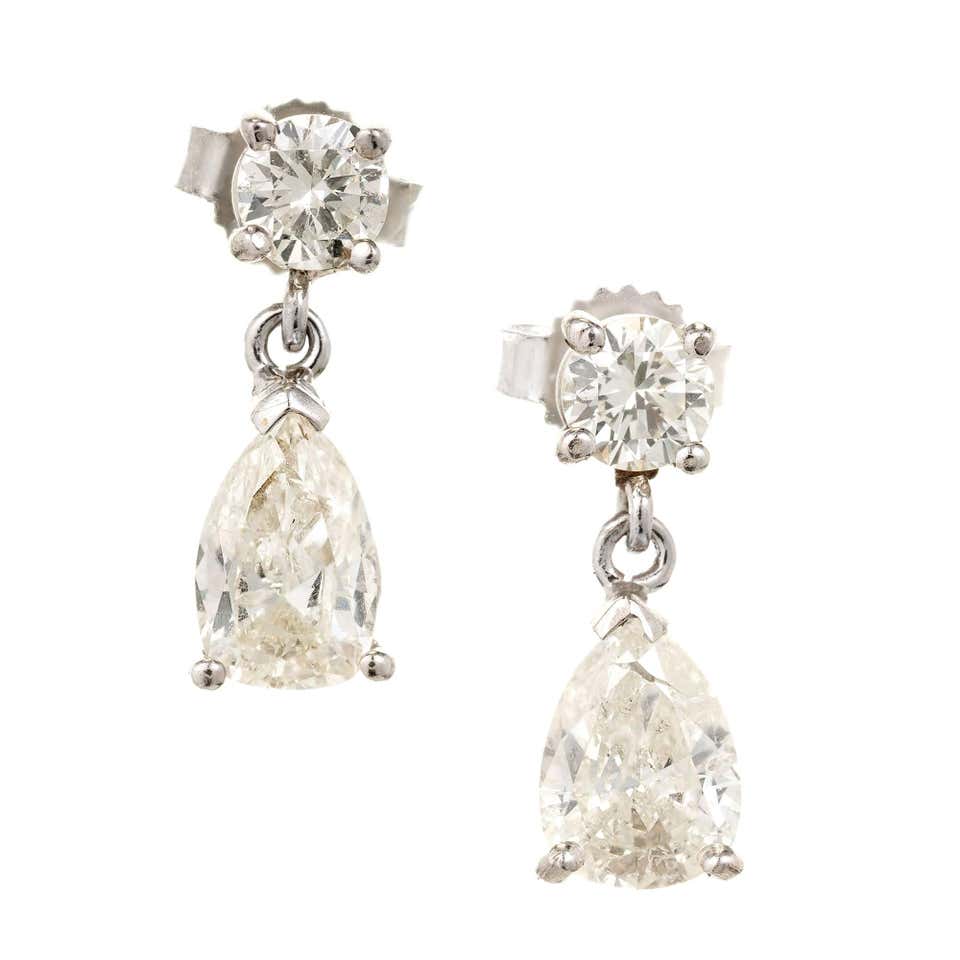 Round Pear Shaped Diamond White Gold Dangle Earrings at 1stDibs