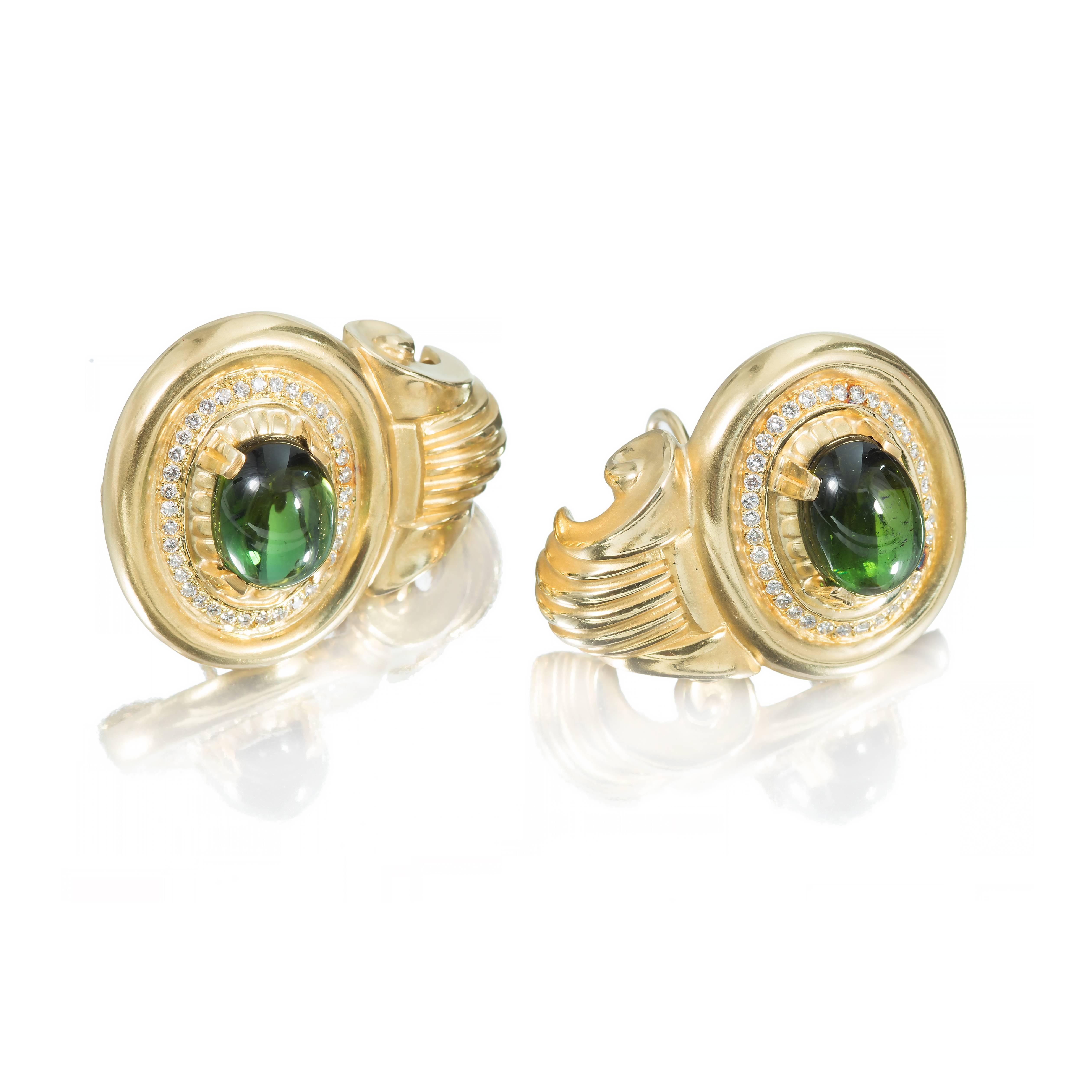 1950 extra heavy 18k soft textured green tourmaline diamond clip post earrings with nice sparkly diamonds and bright green cabochon Tourmaline.

2 oval bright gem green Tourmaline, approx. total weight 10.00cts, VS 13.86 x 10.13 x 5.84mm
74 round