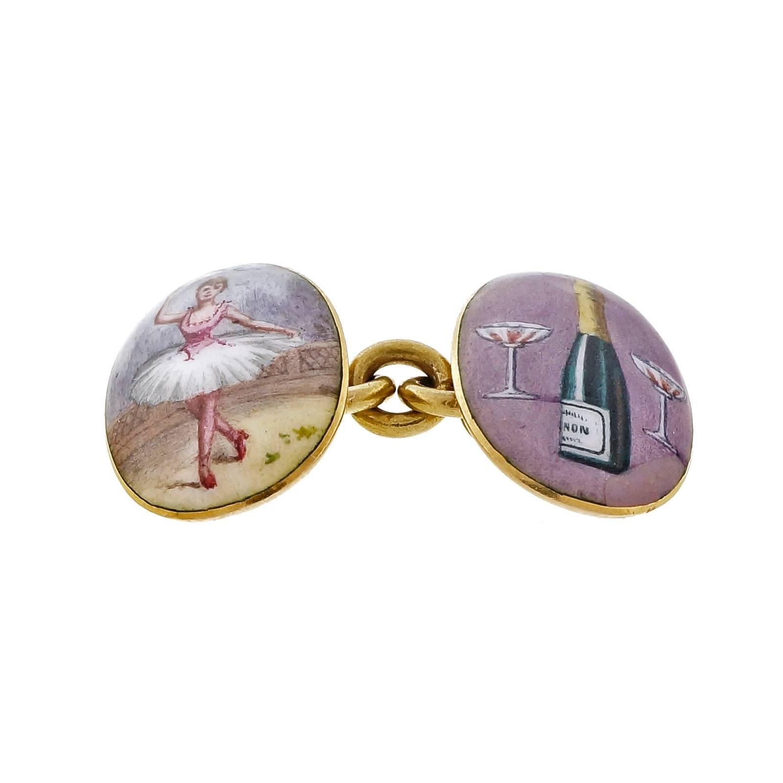 1900’s double sided enamel cuff links. A ballerina and champagne bottle on one and a deck of cards and a race horse on the other. Enamel very good overall. One very small scratch on the card deck. Natural patina.

18k yellow gold
Tested and stamped: