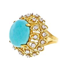Vintage Jack Gutschneider Persian Turquoise Diamond Gold Dome Ring