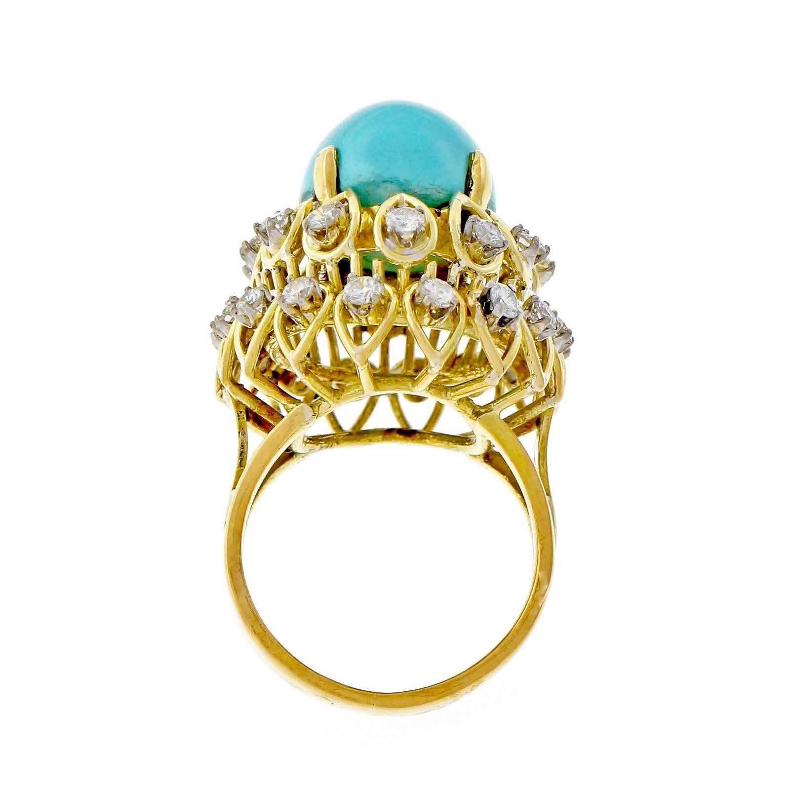 Jack Gutschneider Persian Turquoise Diamond Gold Dome Ring In Good Condition In Stamford, CT