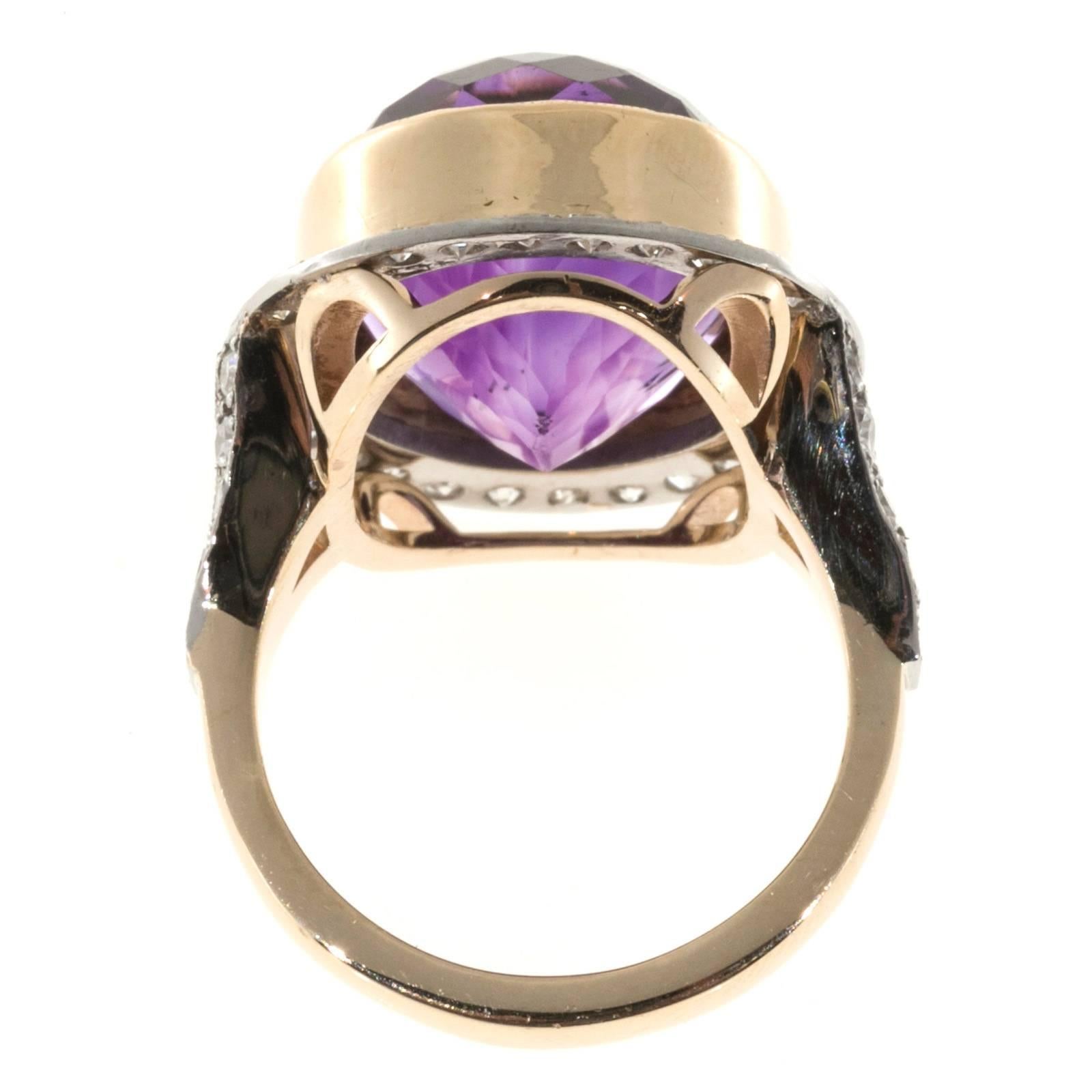 Victorian 1890 to 1900 handmade 14k soft Rose gold Platinum topped ring with single cut diamonds and purple natural Amethyst.

1 oval gem old European cut bright slightly reddish purple Amethyst, approx. total weight 10.00cts, H, VS-SI, 16.5 x