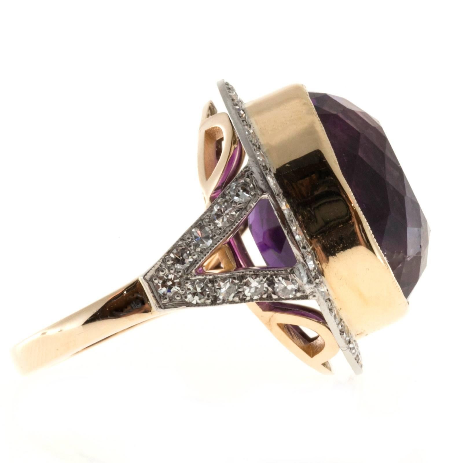 Oval Amethyst Diamond Rose Gold Platinum Ring In Good Condition In Stamford, CT