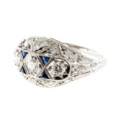 Old European Diamond Spahhire Platinum Dome Ring 8