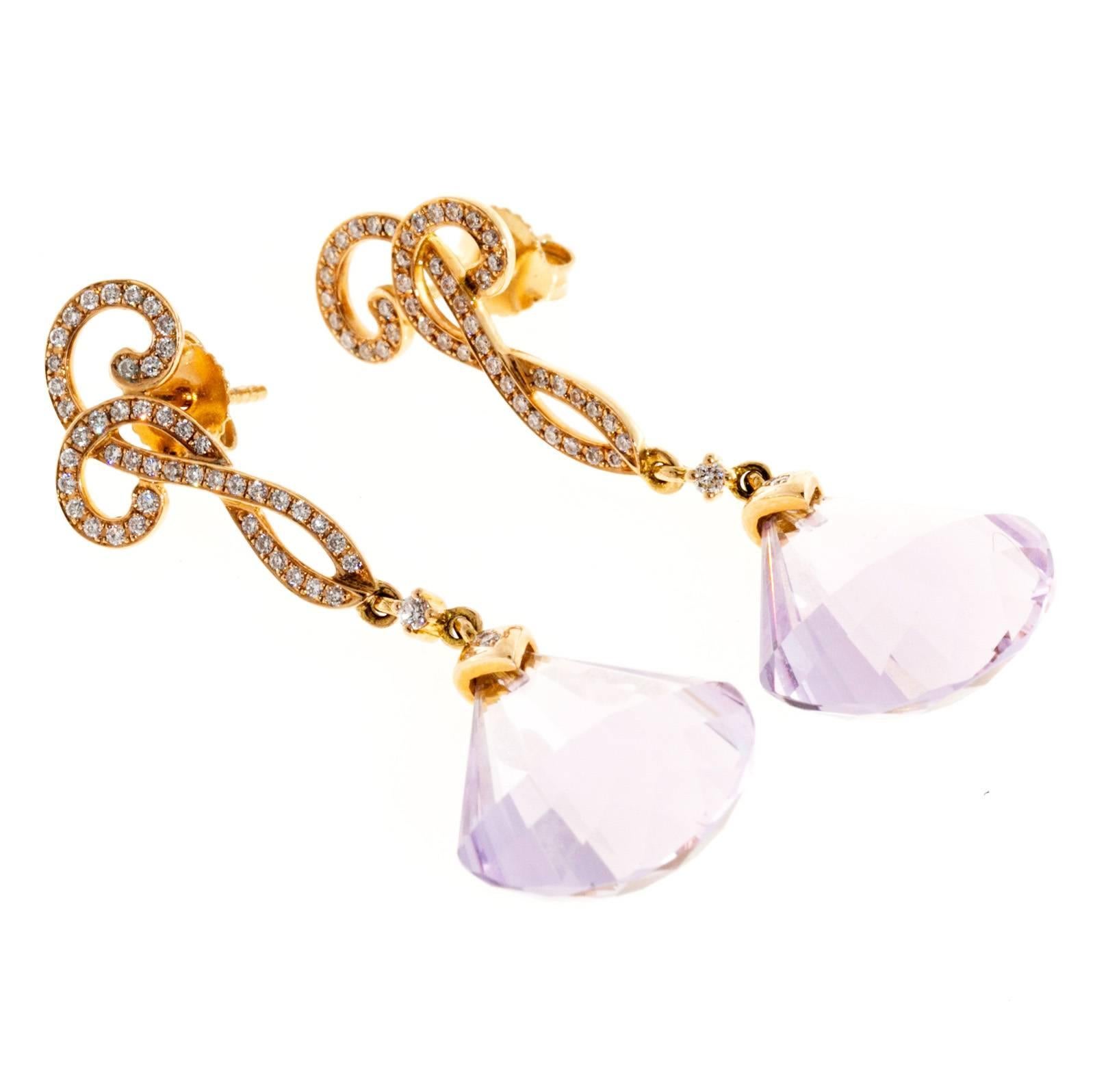Cordova Rose de France Amethyst Diamond Gold Dangle Earrings In Good Condition In Stamford, CT