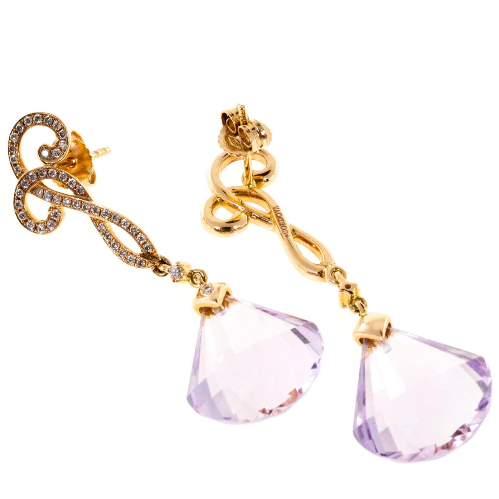 Cordova 14k rose gold diamond dangle earrings with custom cut Rose de France Amethyst .

2 custom cut fancy Rose de France Amethyst, 19.00 x 13.82 x 7.95 mm
98 round diamonds, approx. total weight.33cts
18k rose gold
Tested and stamped: