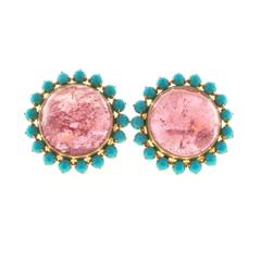 Pink Tourmaline Persian Turquoise Gold Earrings