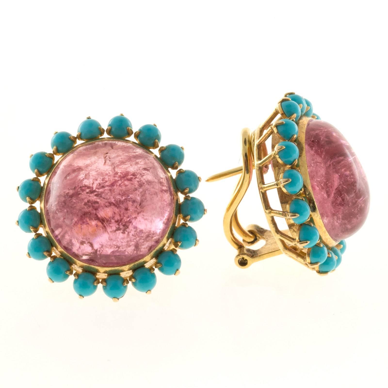 Pink Tourmaline Persian Turquoise Gold Earrings In Good Condition In Stamford, CT