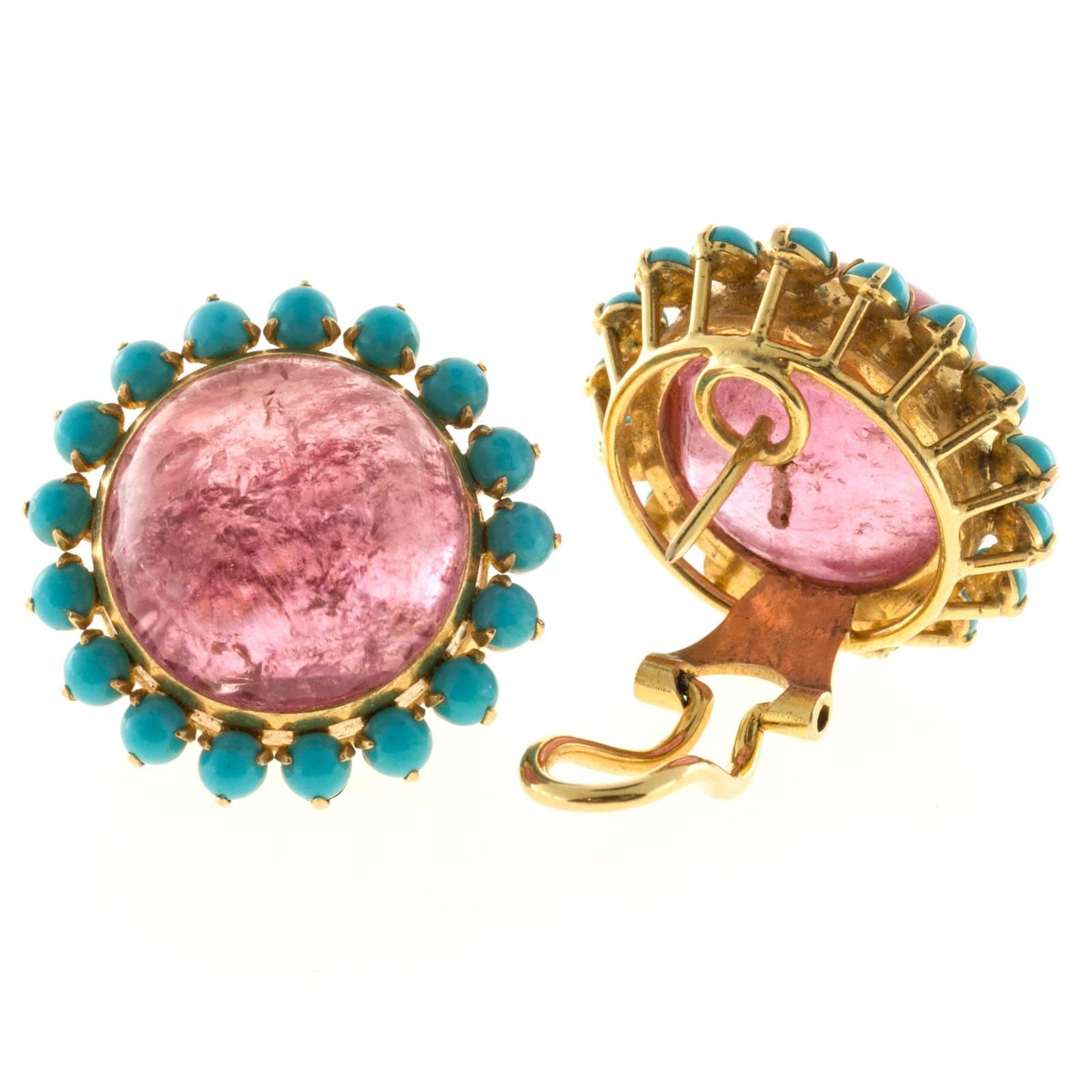 Pink Tourmaline Persian Turquoise Gold Earrings 1