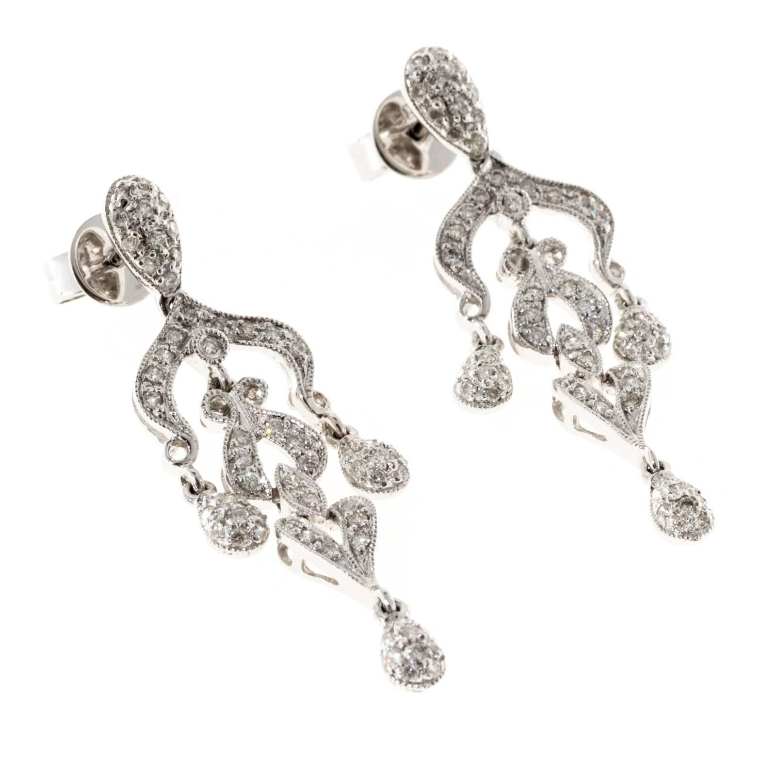 Diamond White Gold Dangle Chandelier Earrings In Good Condition In Stamford, CT