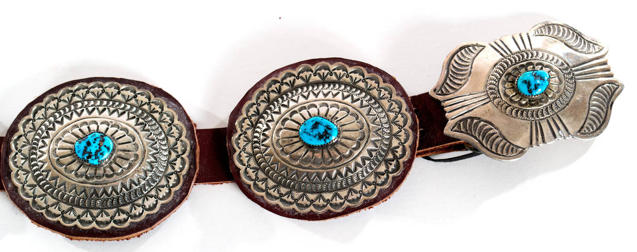 A Navajo Concho Turquoise and Coin Metal Belt In Excellent Condition For Sale In Salt Lake City, UT