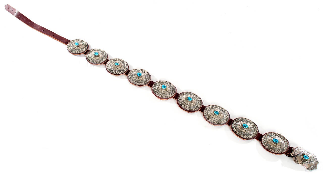 Women's or Men's A Navajo Concho Turquoise and Coin Metal Belt For Sale