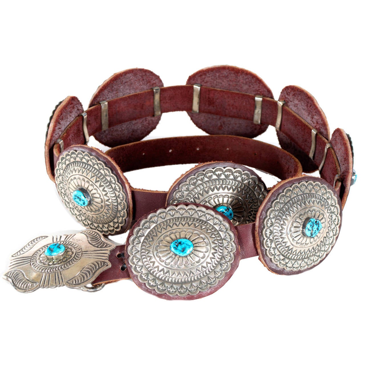 A Navajo Concho Turquoise and Coin Metal Belt For Sale