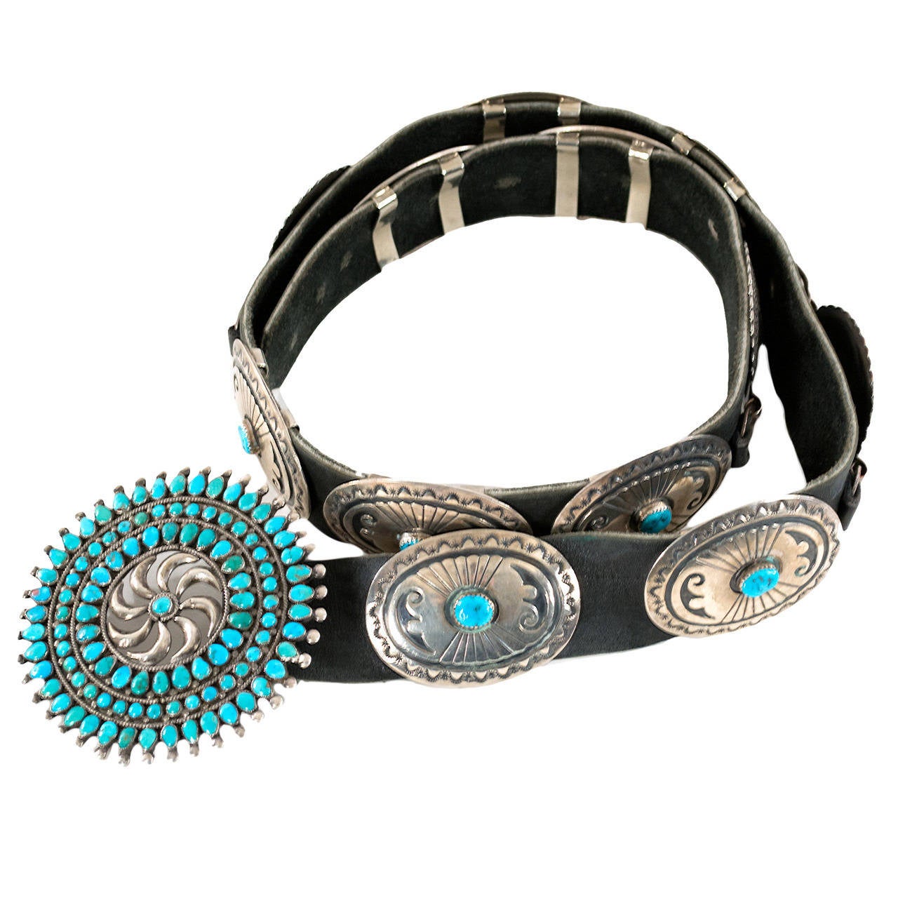 A Navajo Turquoise Concha Belt For Sale