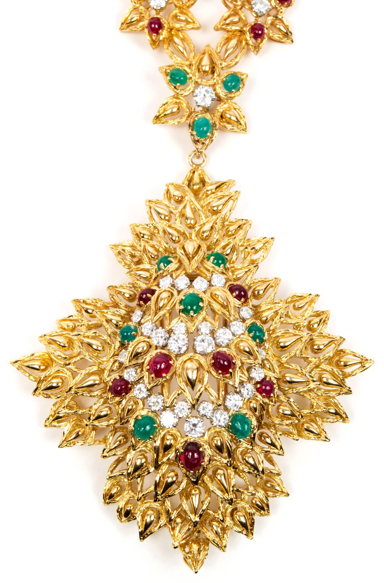 Diamond Gold and Cabochon Colored Stone Pendant/Clip-Brooch Necklace/Bracelet