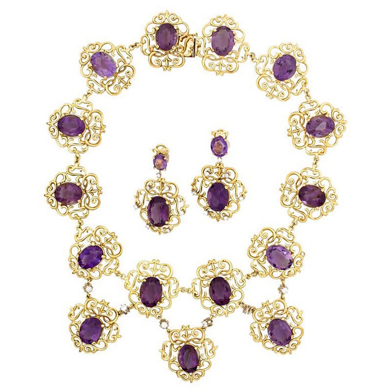 Amethyst Diamond Gold Necklace and Earrings For Sale