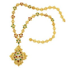 Vintage Diamond Gold and Cabochon Colored Stone Pendant/Clip-Brooch Necklace/Bracelet