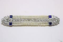 Platinum Art Deco Diamond, Sapphire and Seed Pearl Brooch
