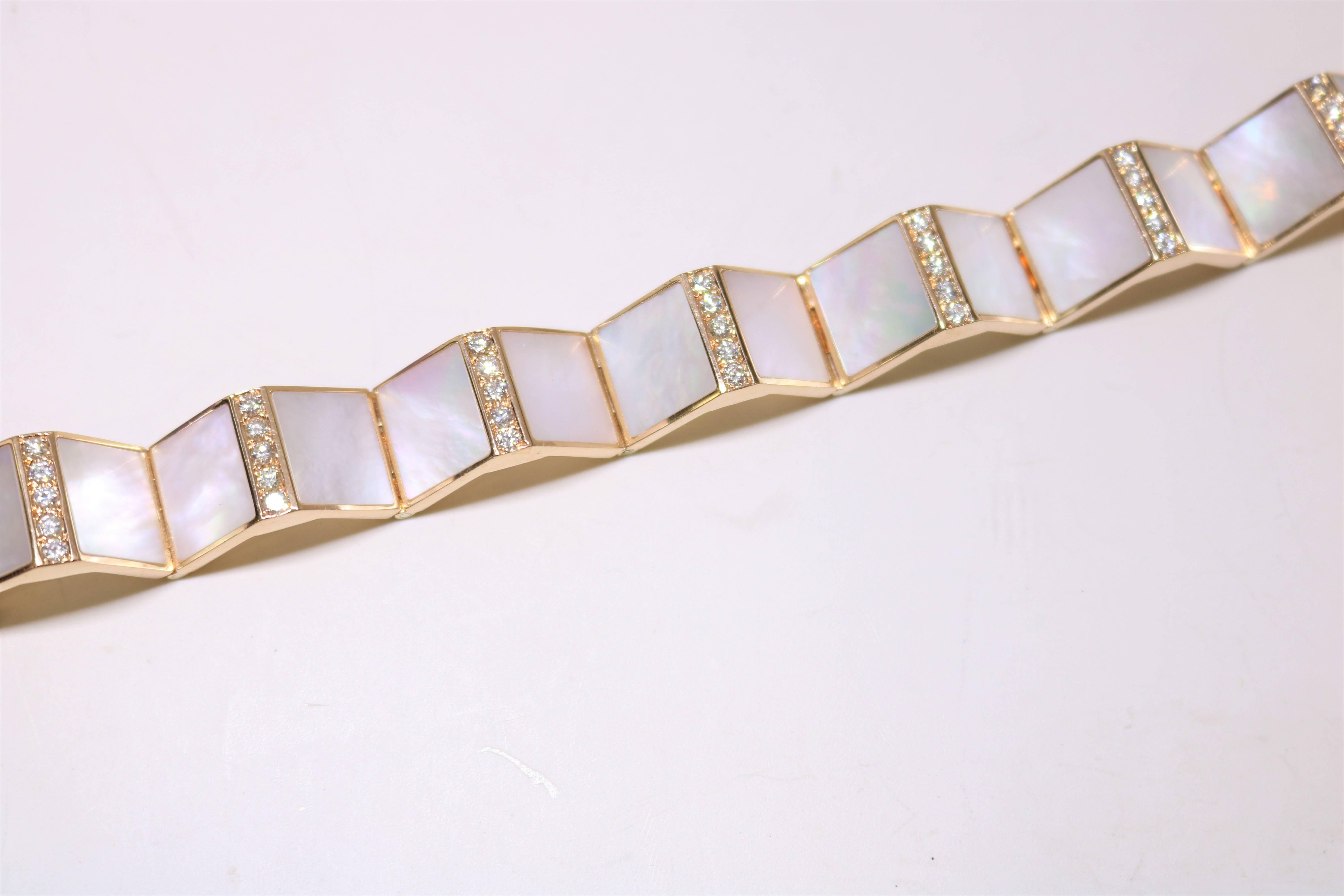 Diamond Pyramid Bracelet is set in 18k Rose Gold with diamonds and mother of pearl set in pyramid style bracelet. 