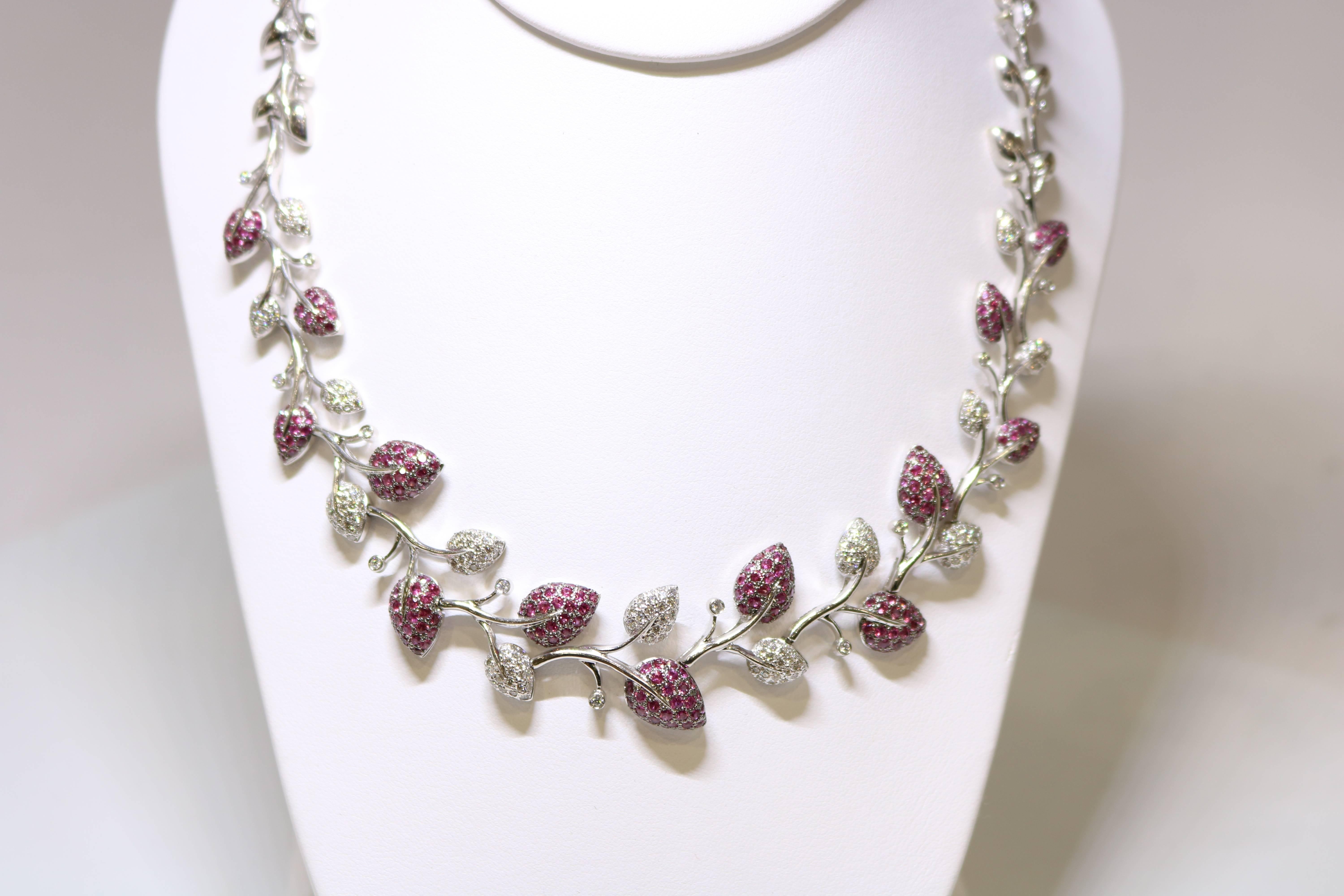 This 18k white gold  features 3.40 ct. in diamonds and 6.7.3 ct. pink sapphires. 