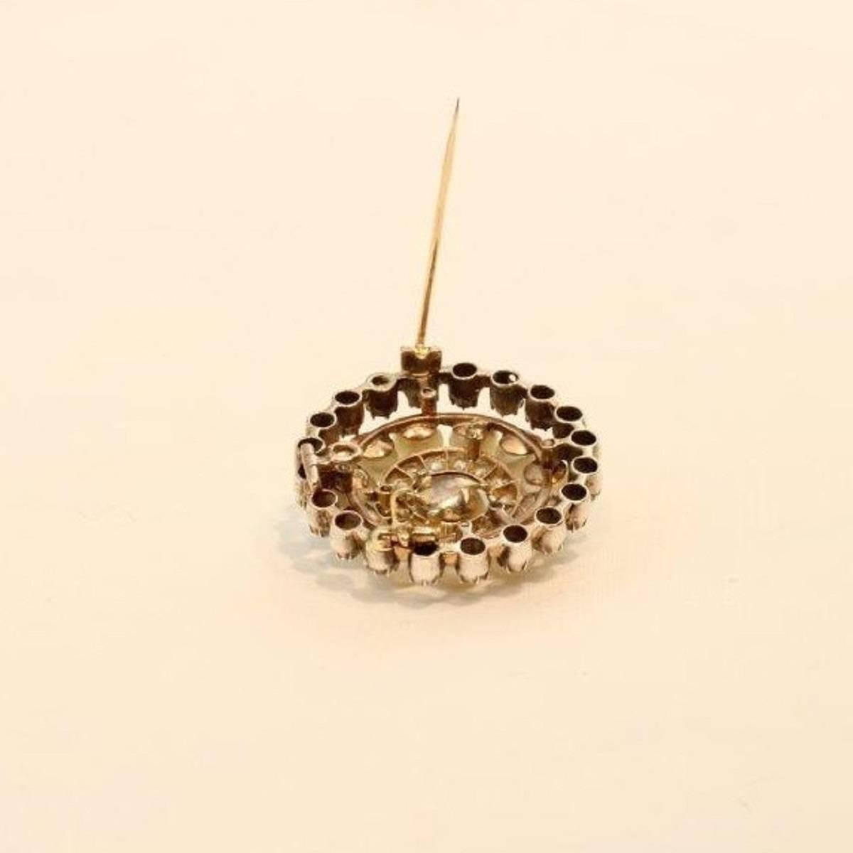 Vintage silver topped with gold back( tests 15K) pendant/brooch with retractable
bail, the pin clutch is stamped 14 karat. The pin is set with an outer circle of 20
old European cuts weighing approximately 1.90 carats each set in 6 claw setting,