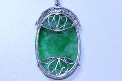 White Gold Carved Pierced Jadeite Butterfly Lotus Flower Necklace