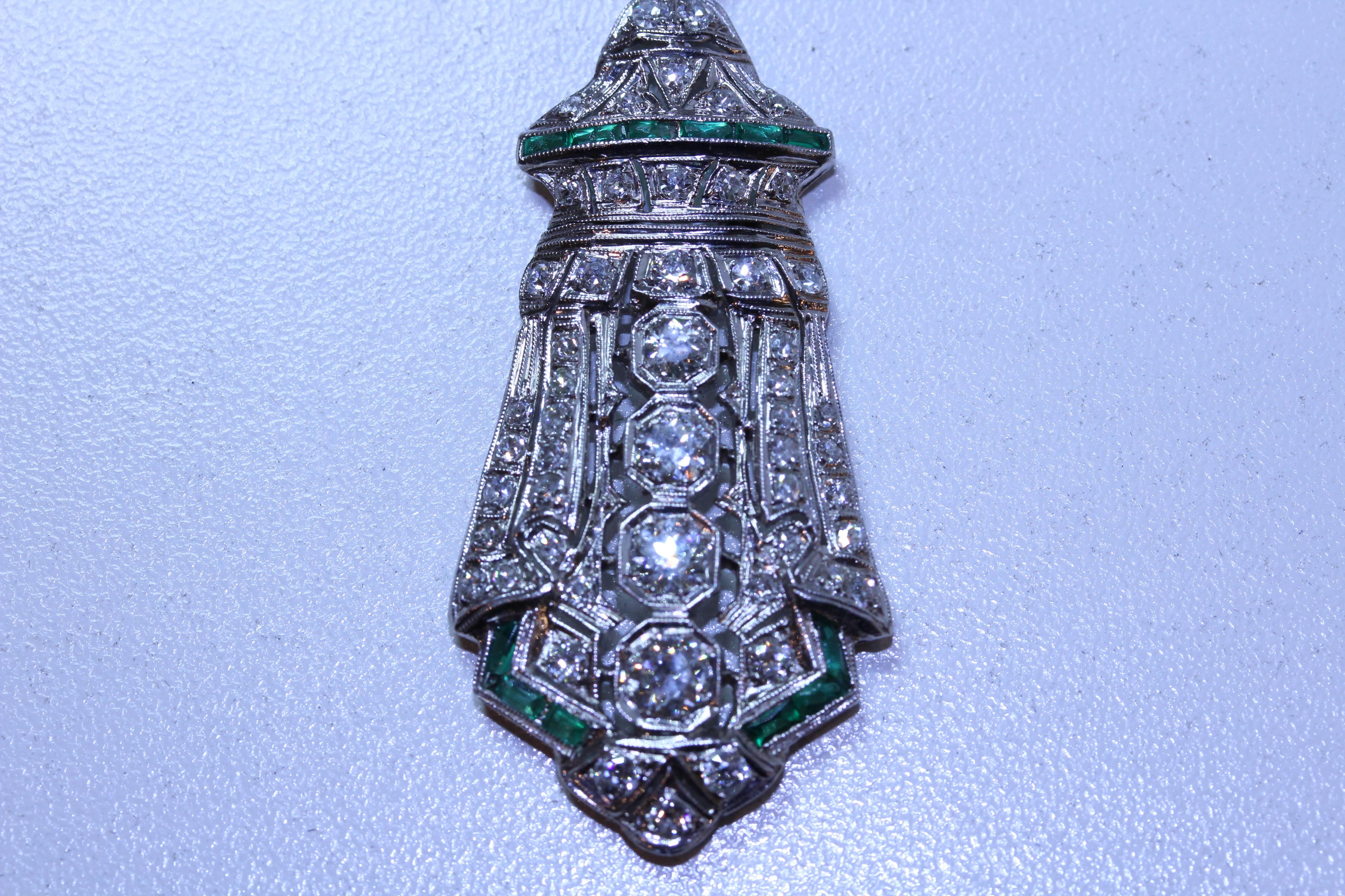 Baguette Cut Art Deco Platinum Diamond Emerald Shield Pendant