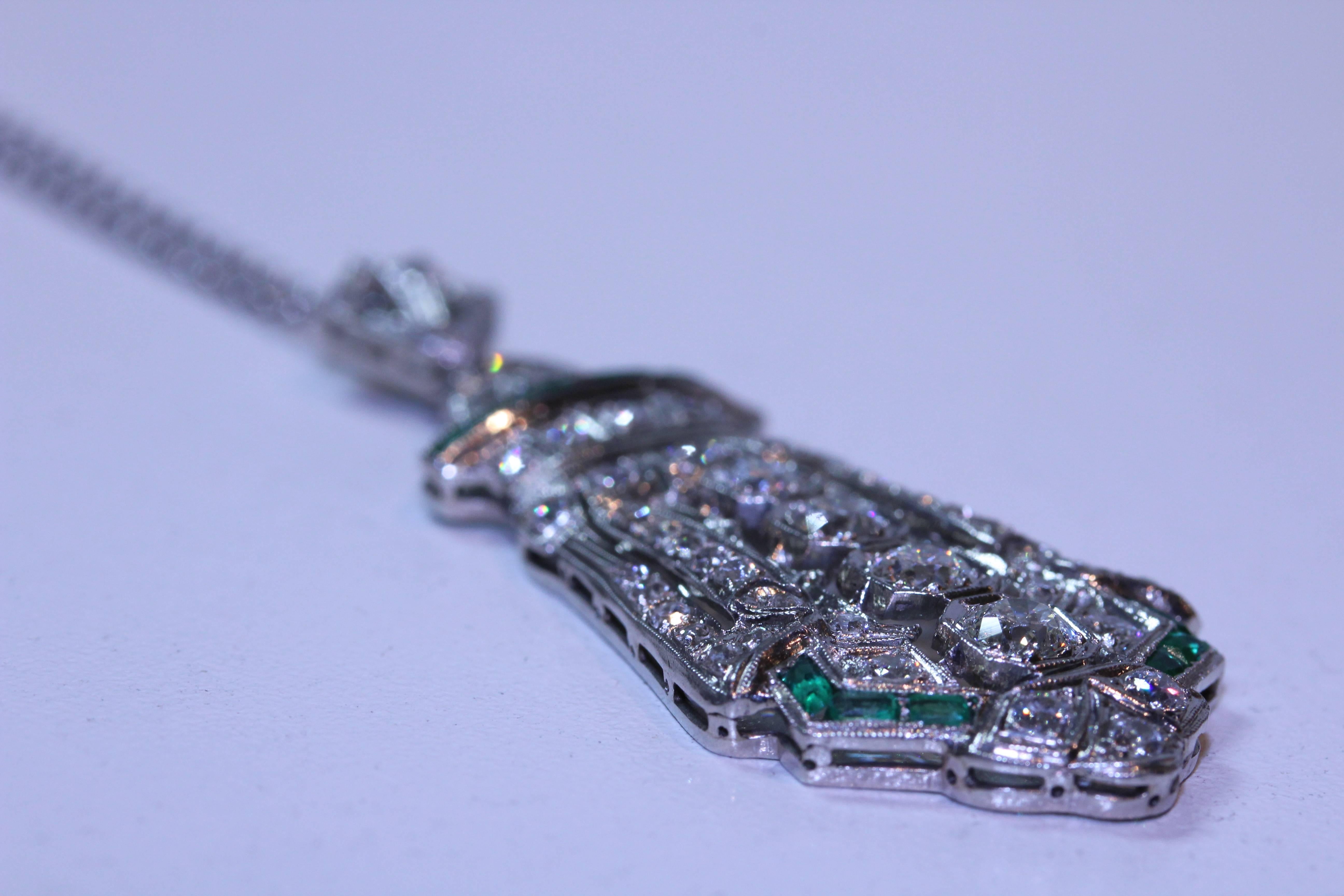 Art Deco Platinum Diamond Emerald Shield Pendant In Excellent Condition In Princeton, NJ