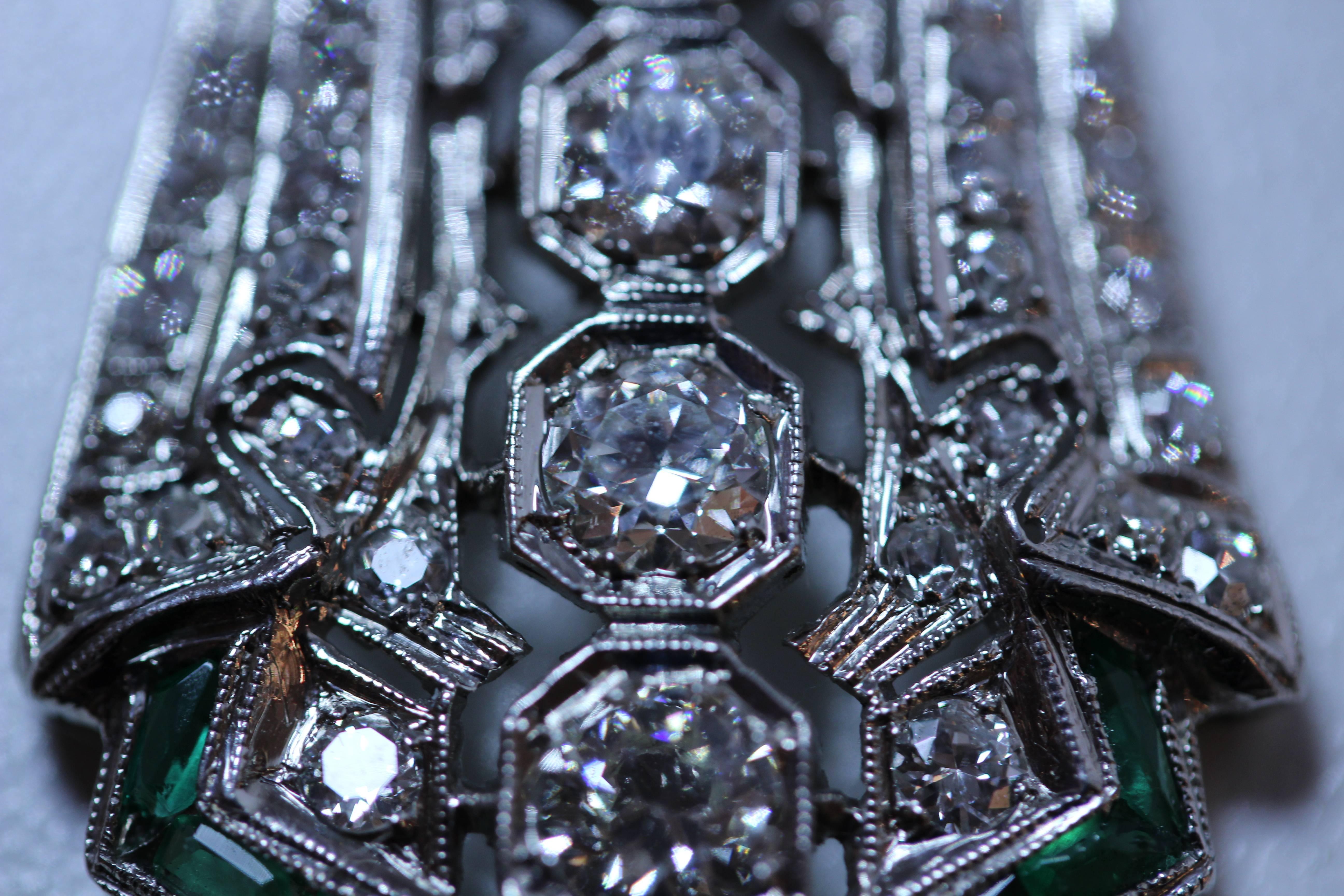 Women's or Men's Art Deco Platinum Diamond Emerald Shield Pendant