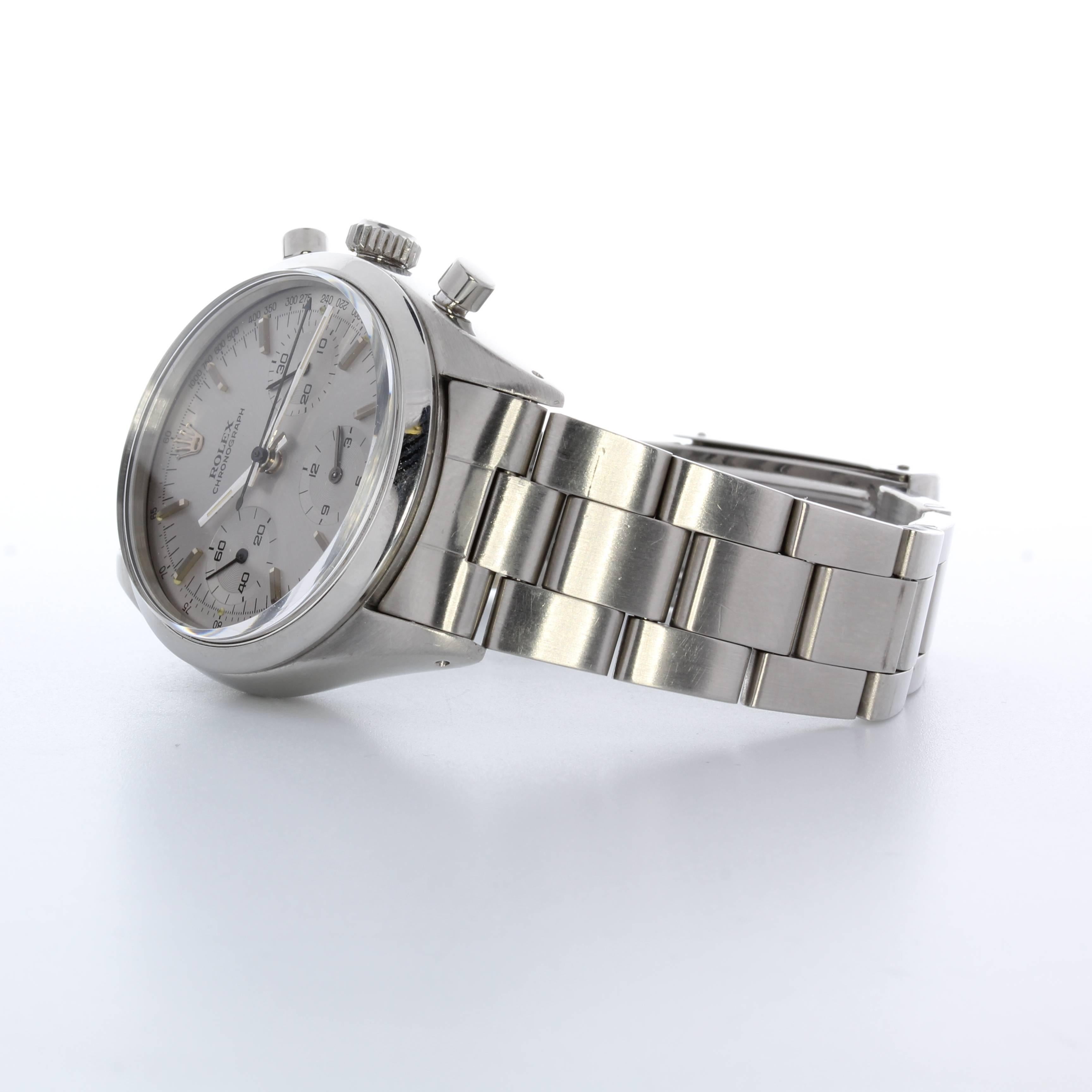 Rolex stainless steel ref. 6238, ca 1964 chronograph, Pre Daytona. Tachymeter calibrated to 1000 units, oyster bracelet. The reference 6238 is known as the “Pre-Daytona.” Historically, it is a very significant piece for Rolex, as it marked the