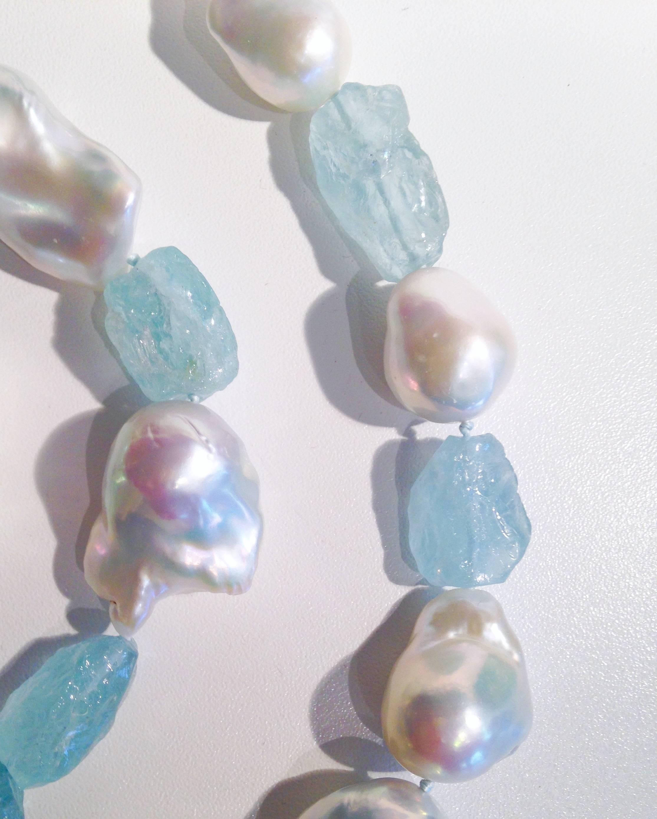Artist South Sea Baroque Pearl and Aquamarine Hand Strung Necklace