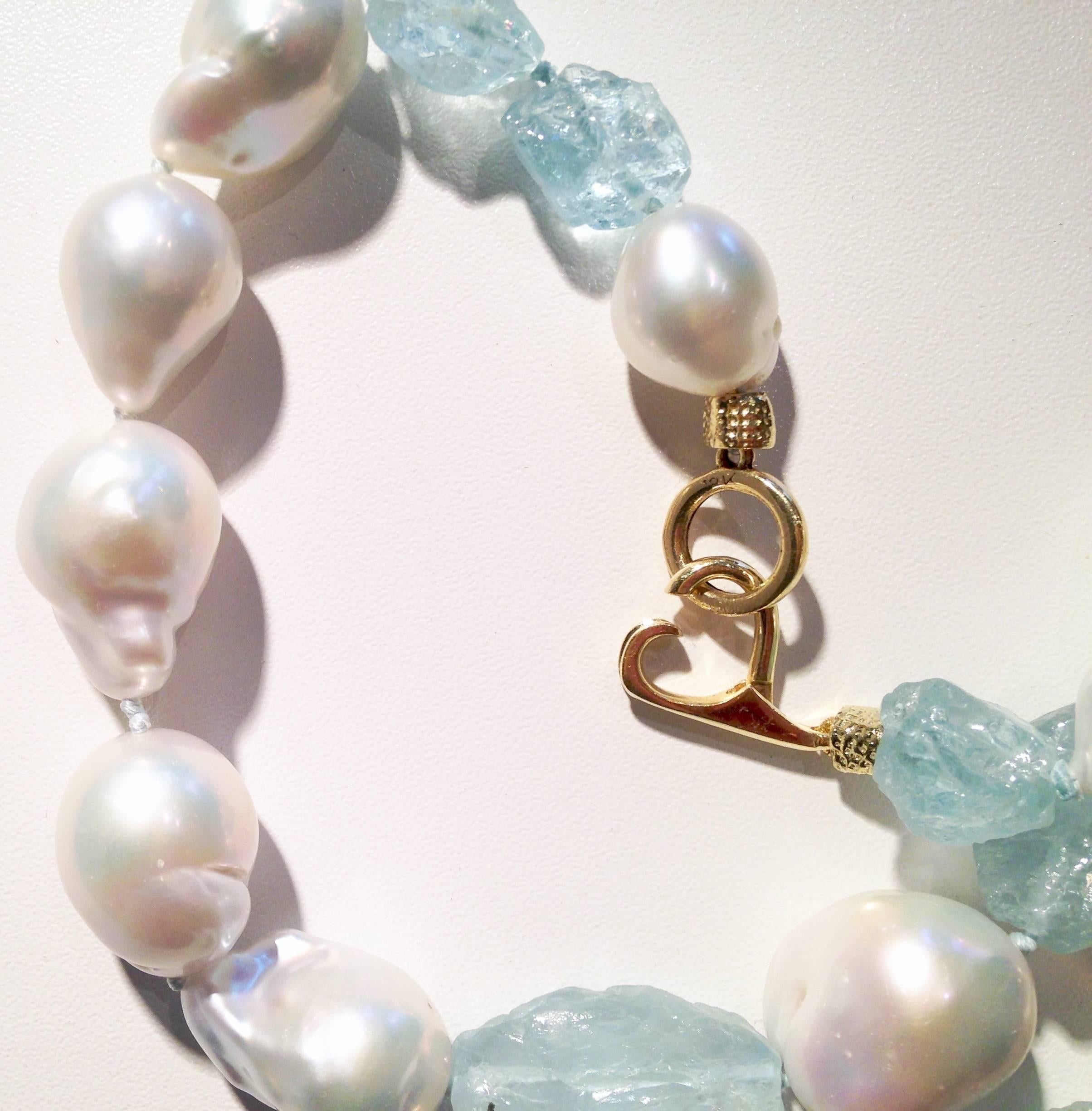 South Sea Baroque Pearl and Aquamarine Hand Strung Necklace In New Condition In Nantucket, MA