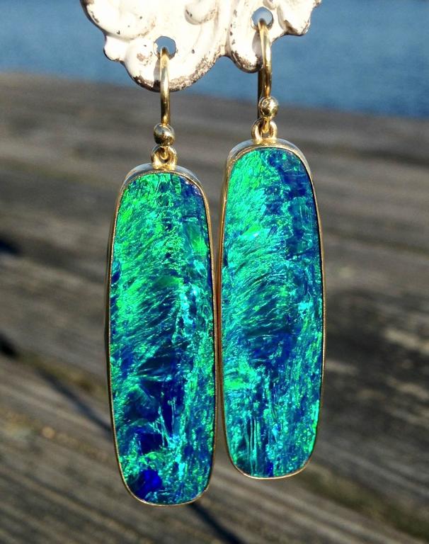 Blue Lagoon Australian Boulder Opal Gold Earrings at 1stDibs
