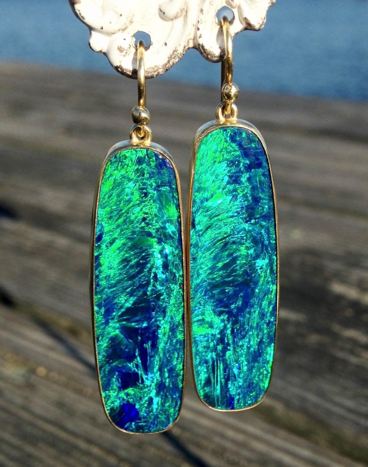 Blue Lagoon Australian Boulder Opal Gold Earrings For Sale at 1stdibs