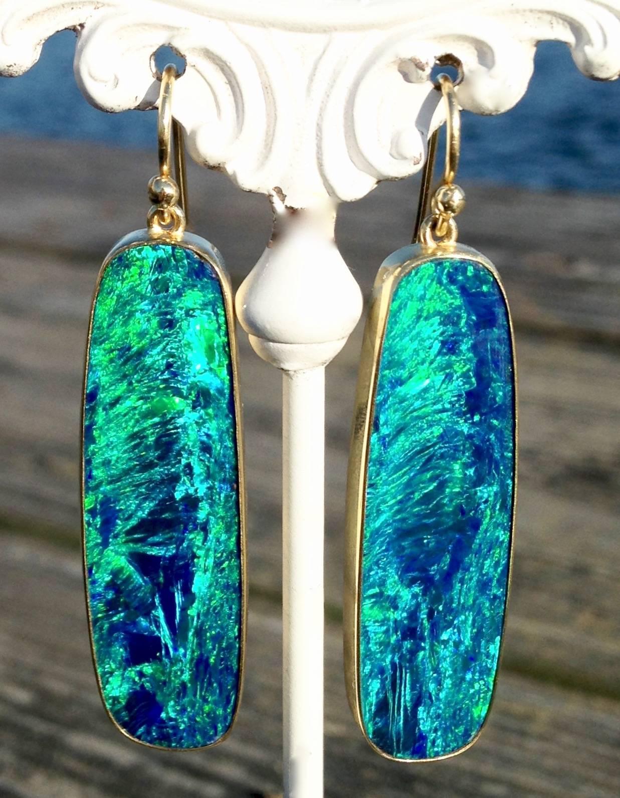 Blue Lagoon Australian Boulder Opal Gold Earrings In Excellent Condition In Nantucket, MA
