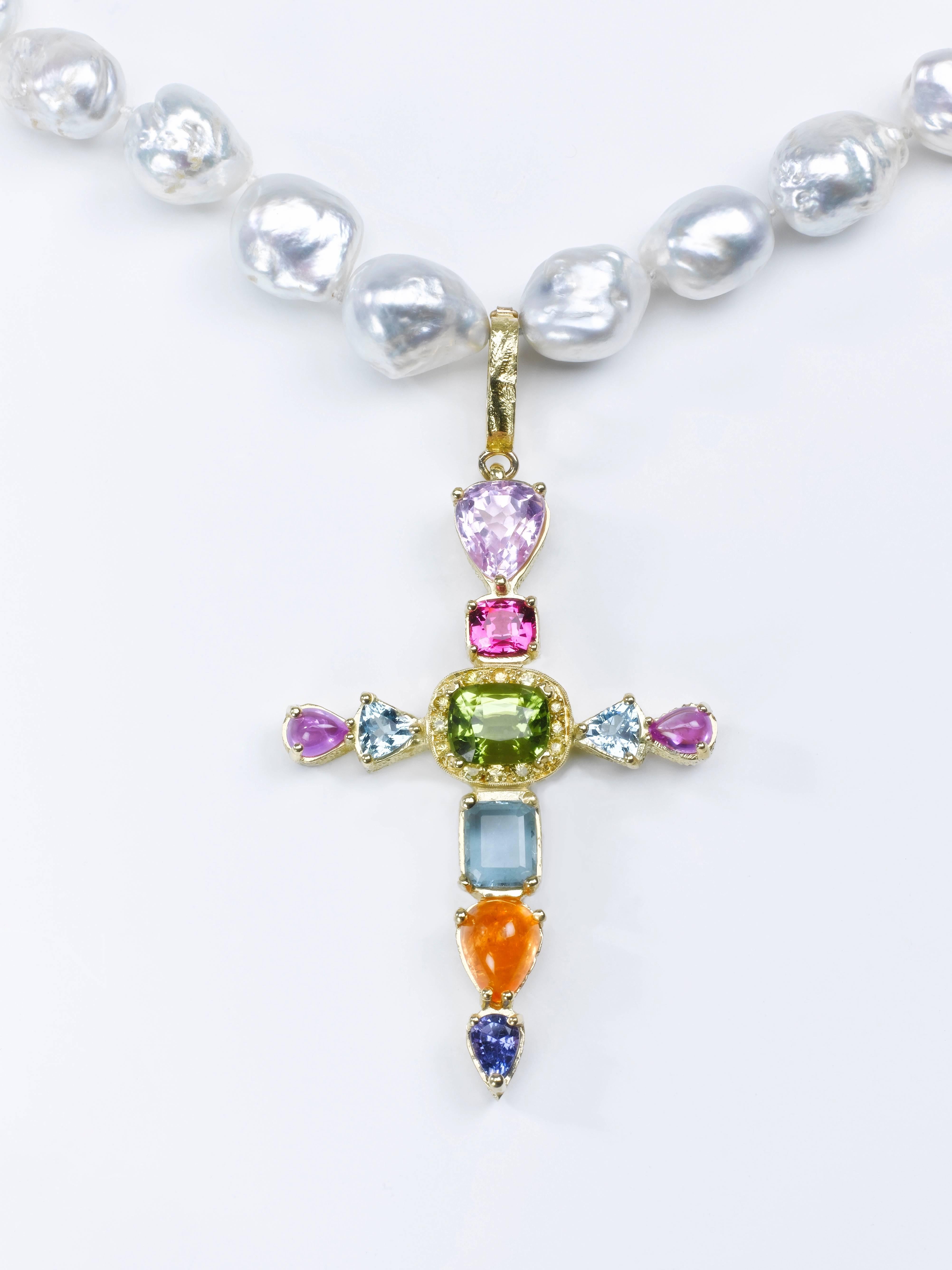 Women's or Men's Multi Gem Stone Gold Summer Cross Pendant