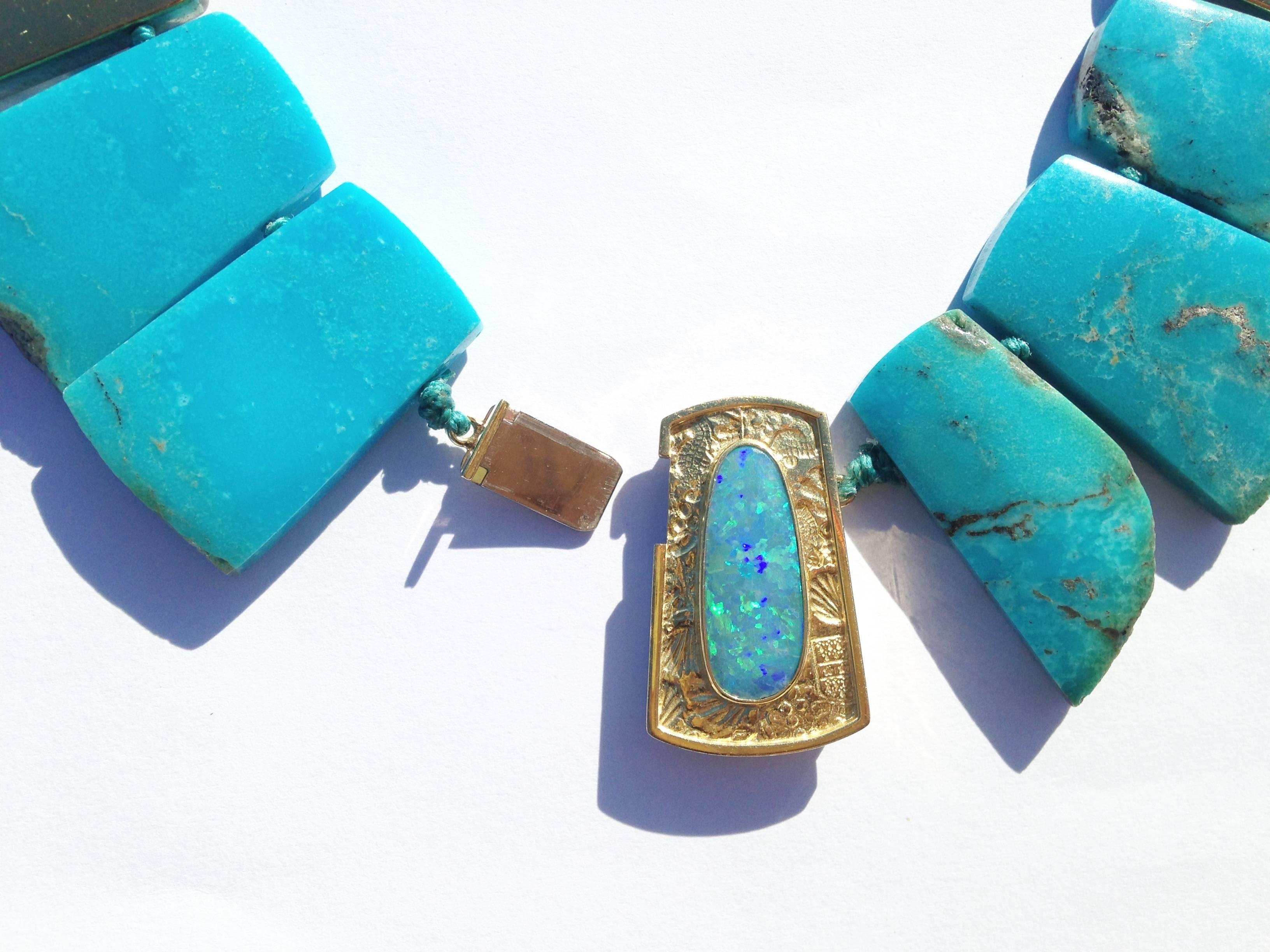 Contemporary Turquoise and 18 Karat Gold Necklace with Australian Boulder Opal Clasp