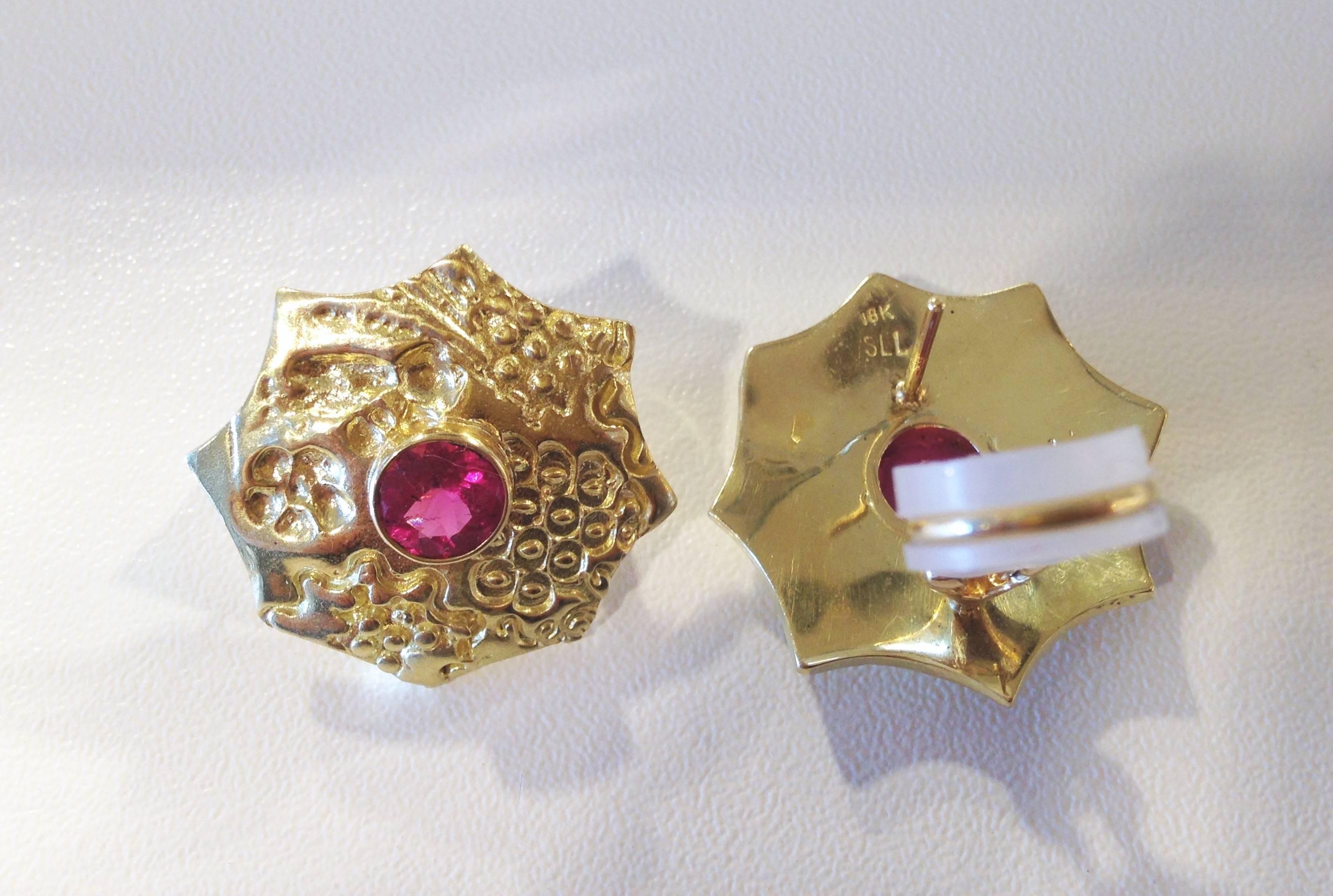 Artist Red Tourmaline and 18k Gold Sea Urchin Earrings For Sale