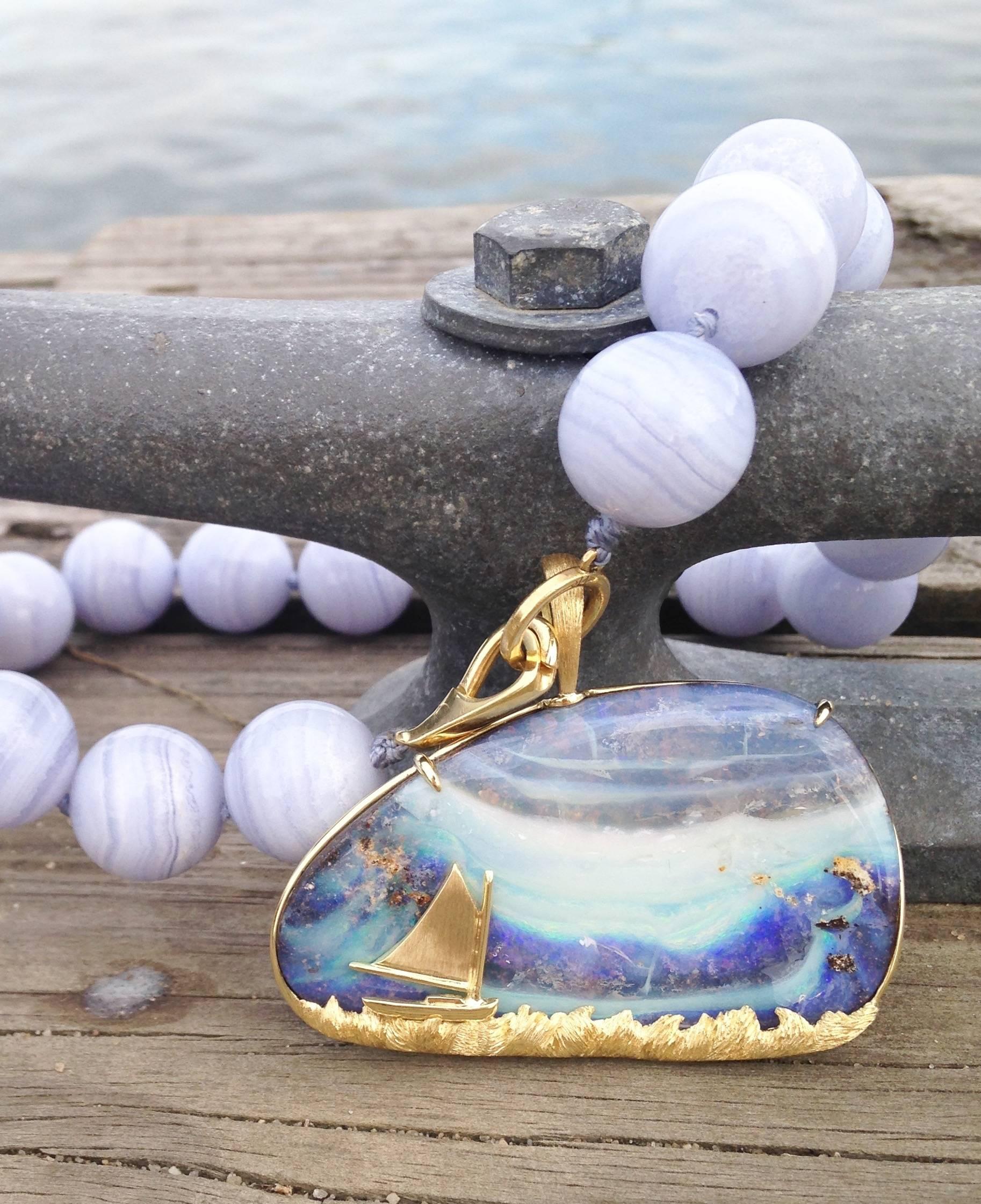 Women's Australian Boulder Opal Wave, Sea & Sky Pendant w/ 18kt Gold Catboat