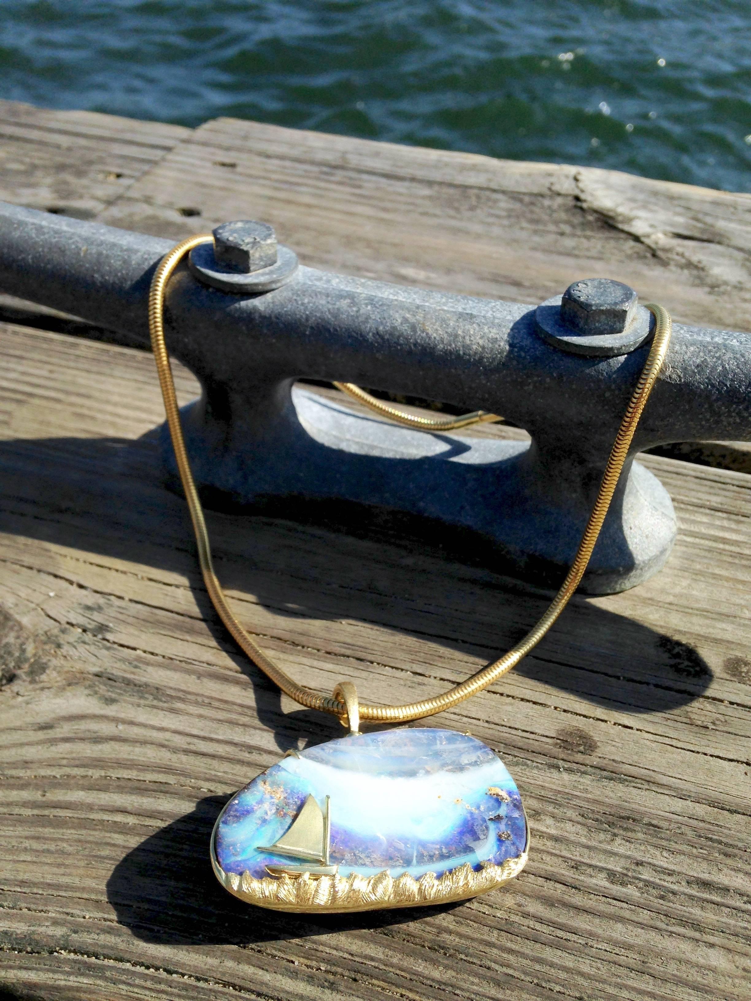 Australian Boulder Opal Wave, Sea & Sky Pendant w/ 18kt Gold Catboat In New Condition In Nantucket, MA